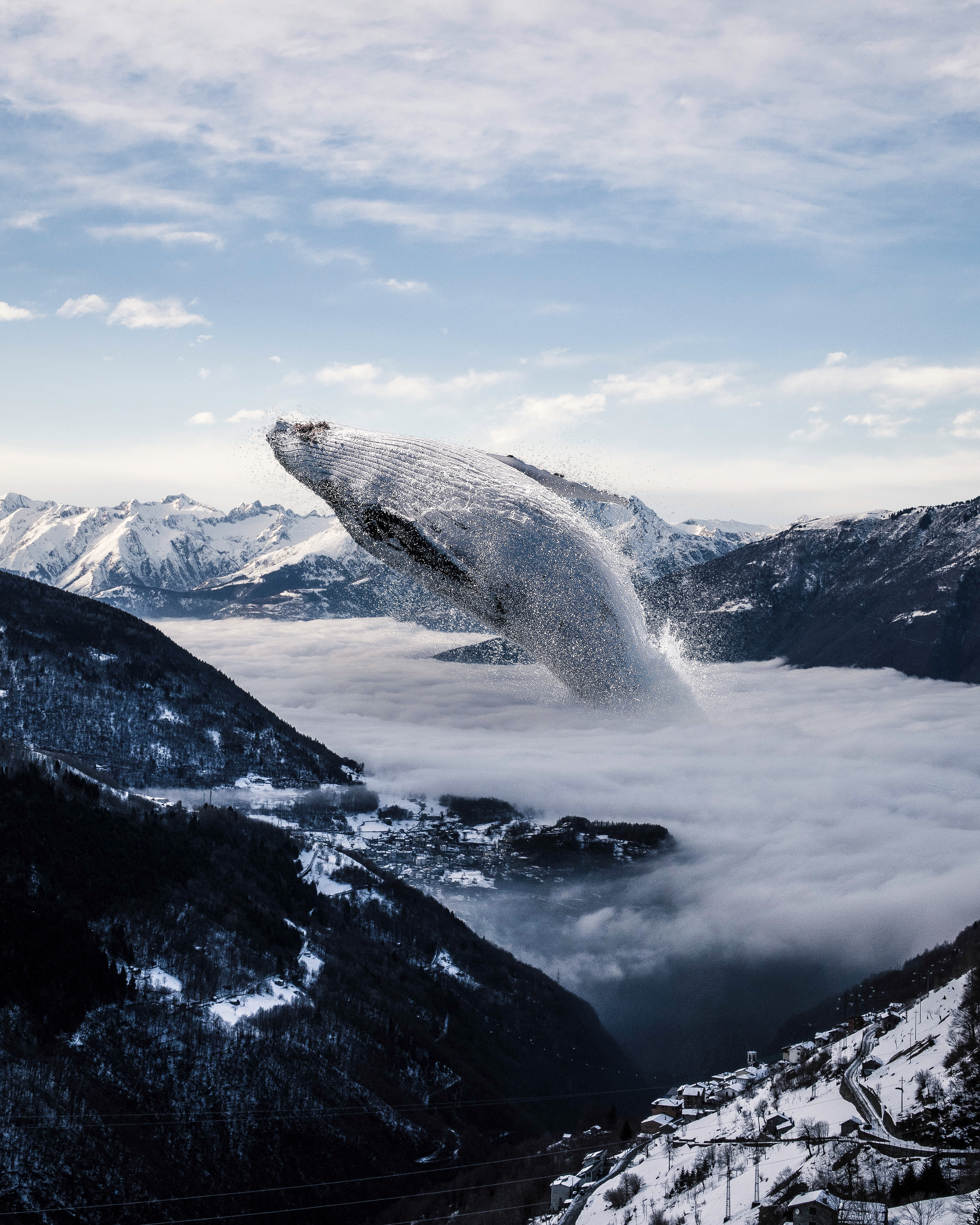 Whale breaching over foggy mountains in winter HD Wallpaper