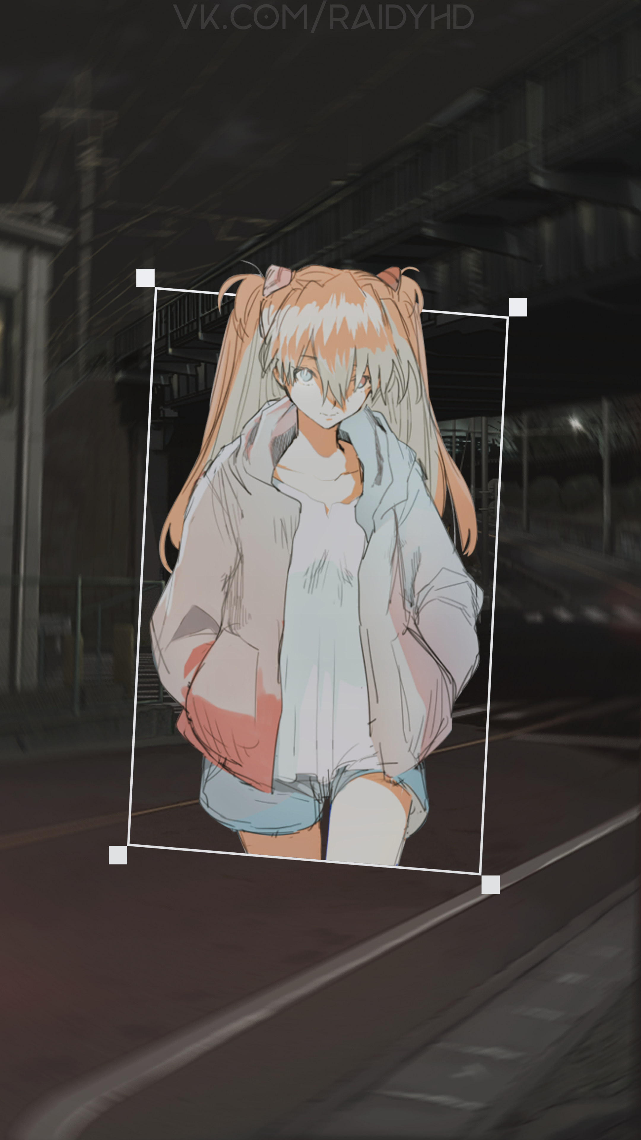 Anime girl with orange pigtails in a hoodie and shorts HD Phone Wallpaper