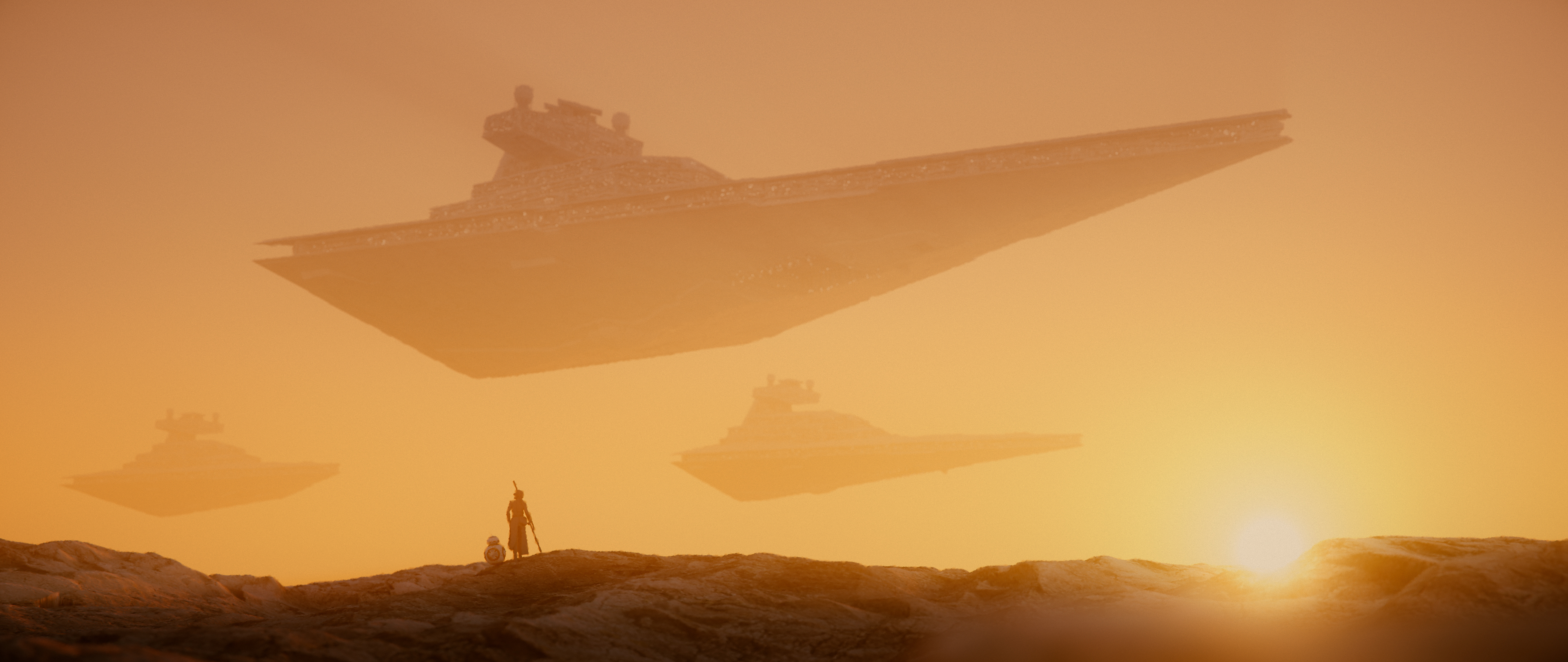 4K Star Wars Rey and BB-8 with Star Destroyers at Sunset HD Wallpaper