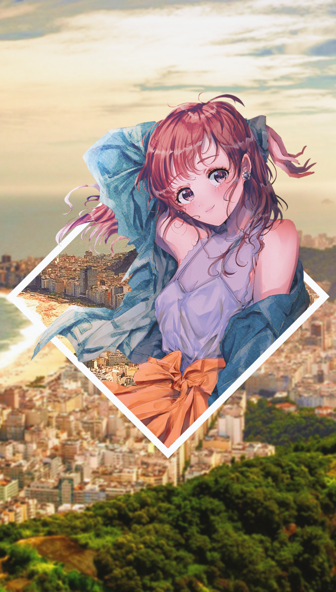 Anime girl in a city and beach background HD Phone Wallpaper