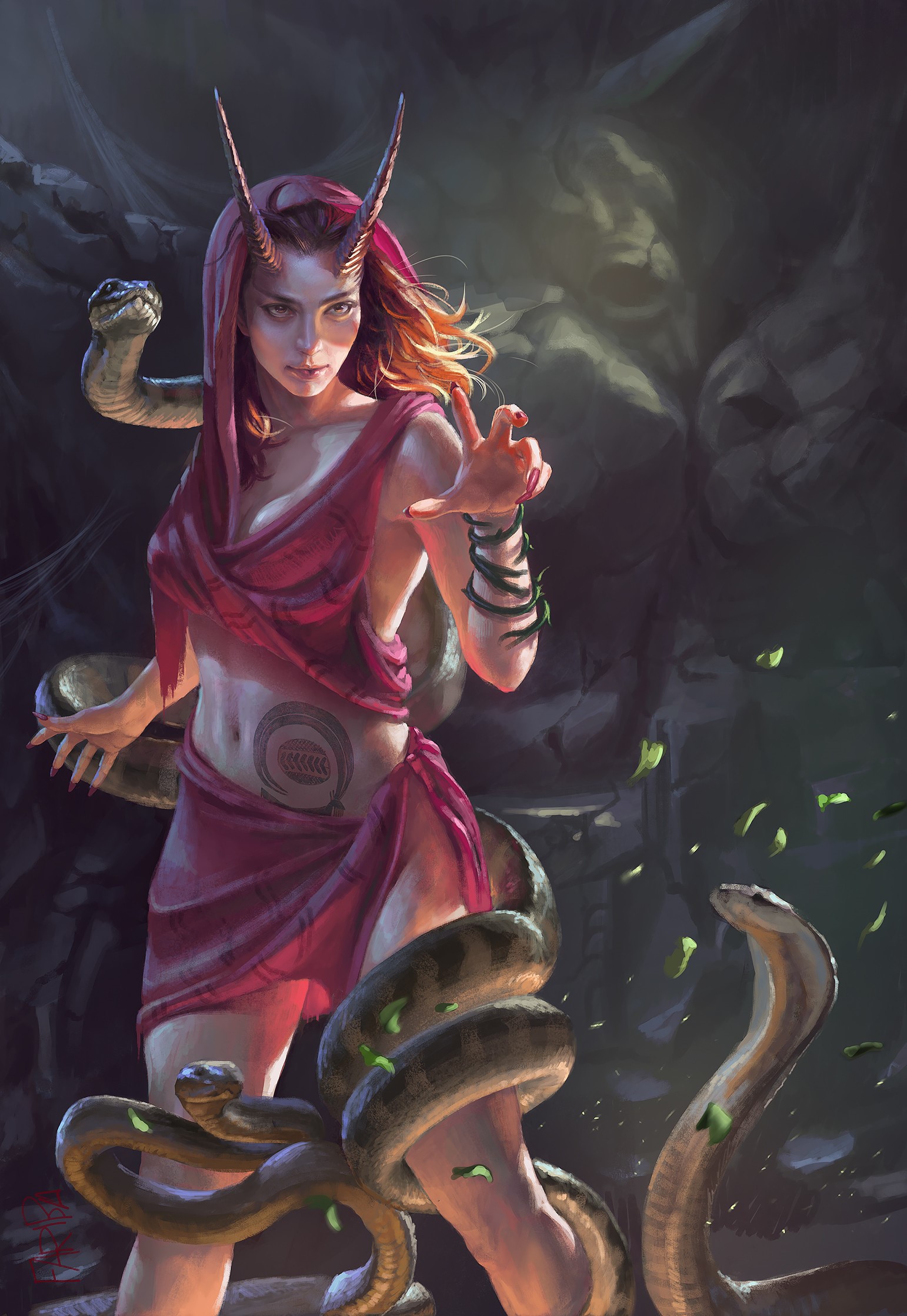 Fantasy art of a woman with horns and snakes HD Phone Wallpaper