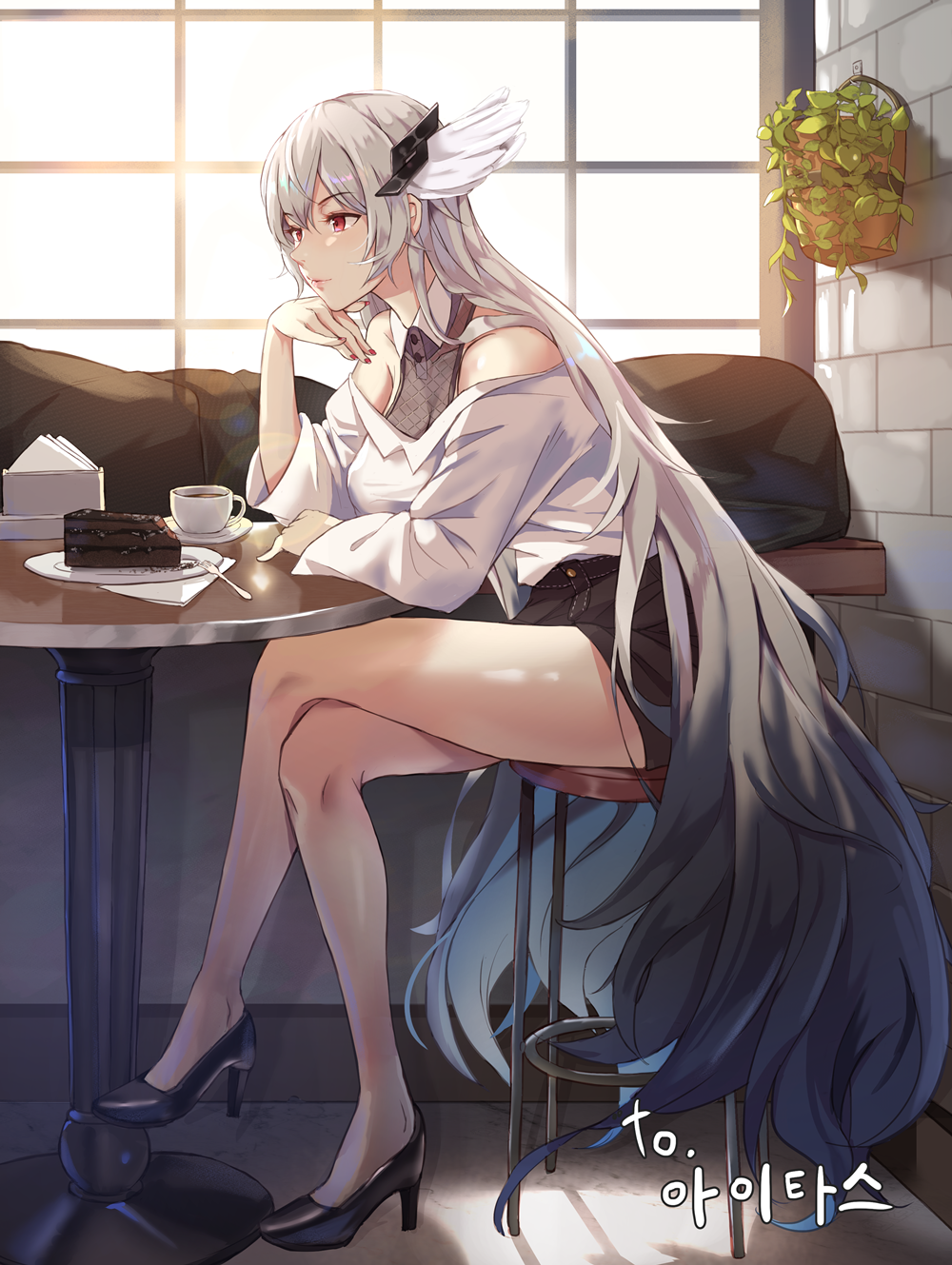 Anime girl with white hair at a cafe HD Phone Wallpaper