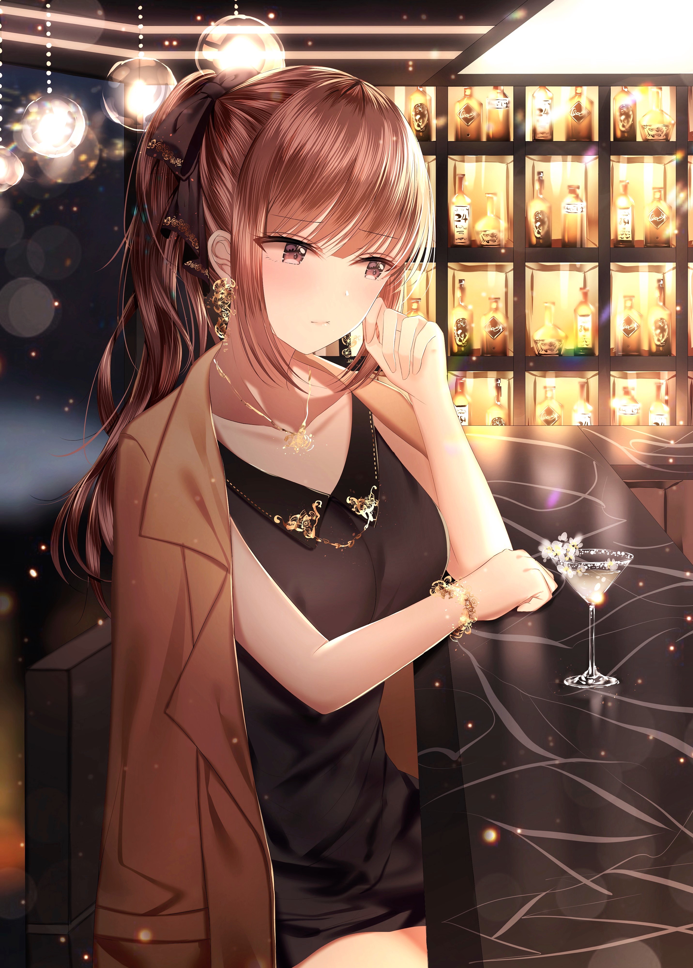 Anime girl in a black dress at a bar HD Phone Wallpaper