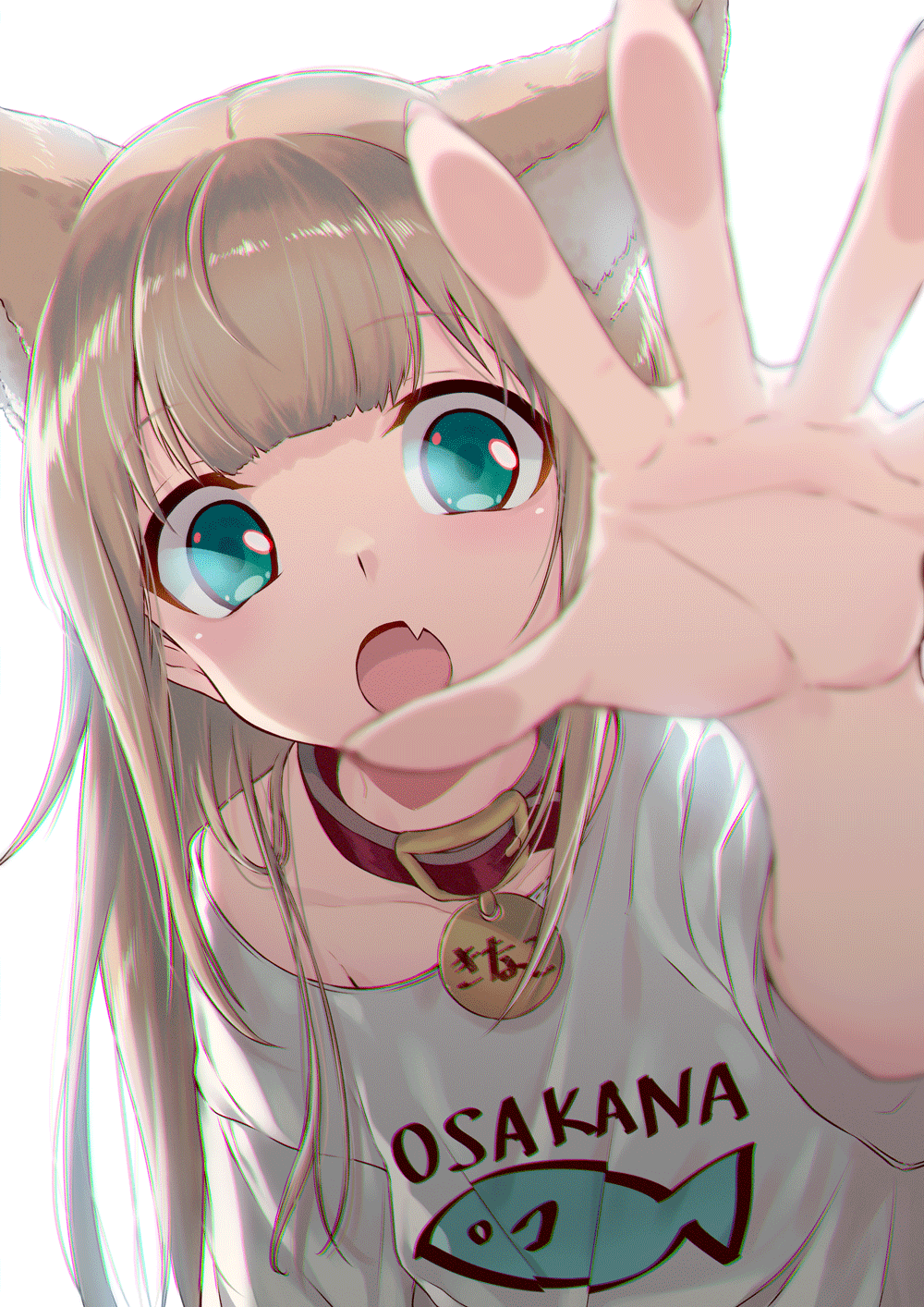 Anime girl with cat ears and fish shirt HD Phone Wallpaper