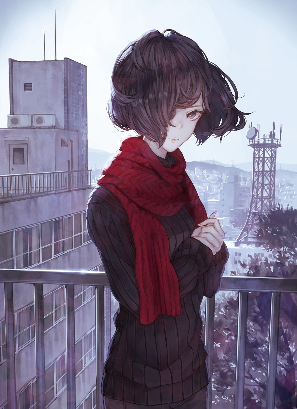 Anime girl with short dark hair and red scarf on balcony HD Phone Wallpaper