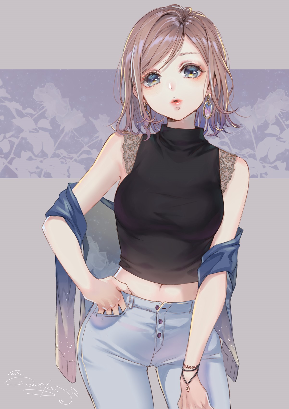 Anime girl in black top and jeans HD Phone Wallpaper