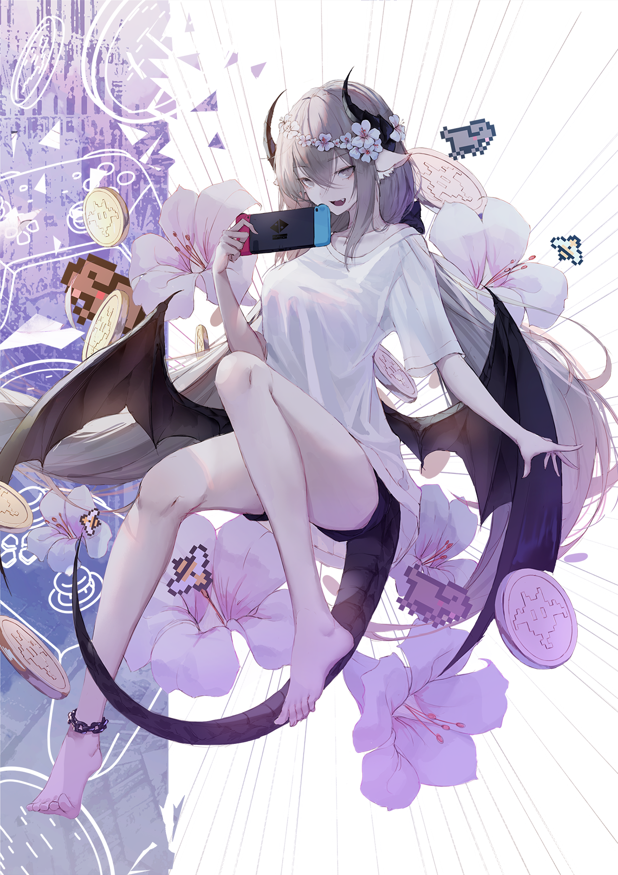 Anime girl with horns and wings playing Nintendo Switch HD Phone Wallpaper