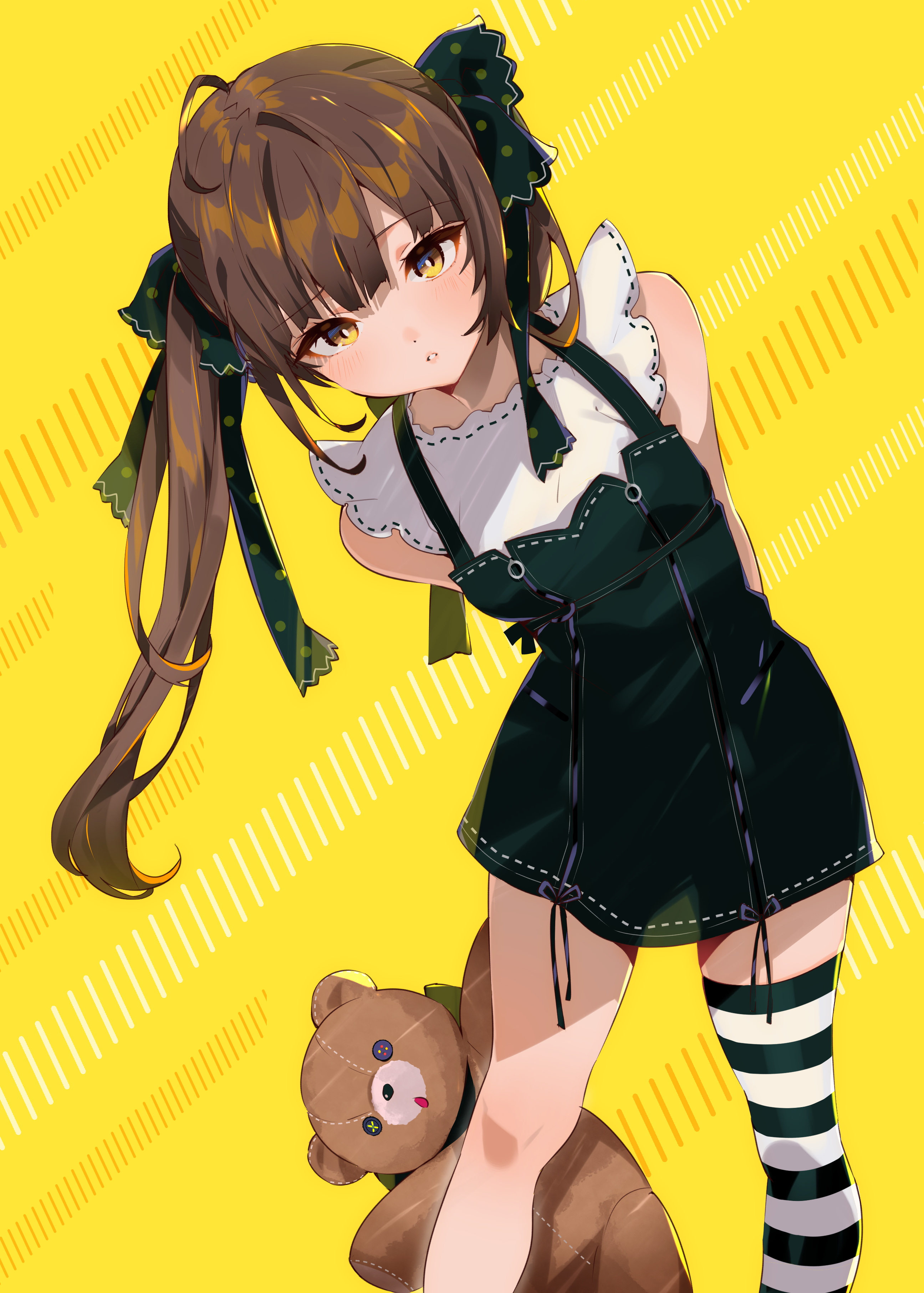 Anime girl with twintails holding a teddy bear HD Phone Wallpaper