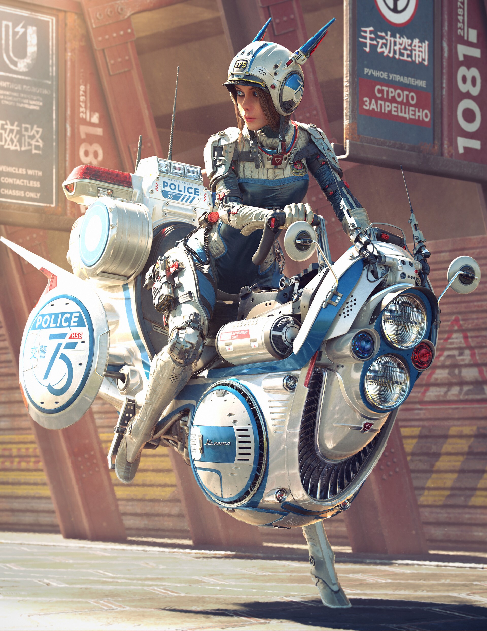 Woman in futuristic police armor riding a hoverbike HD Phone Wallpaper