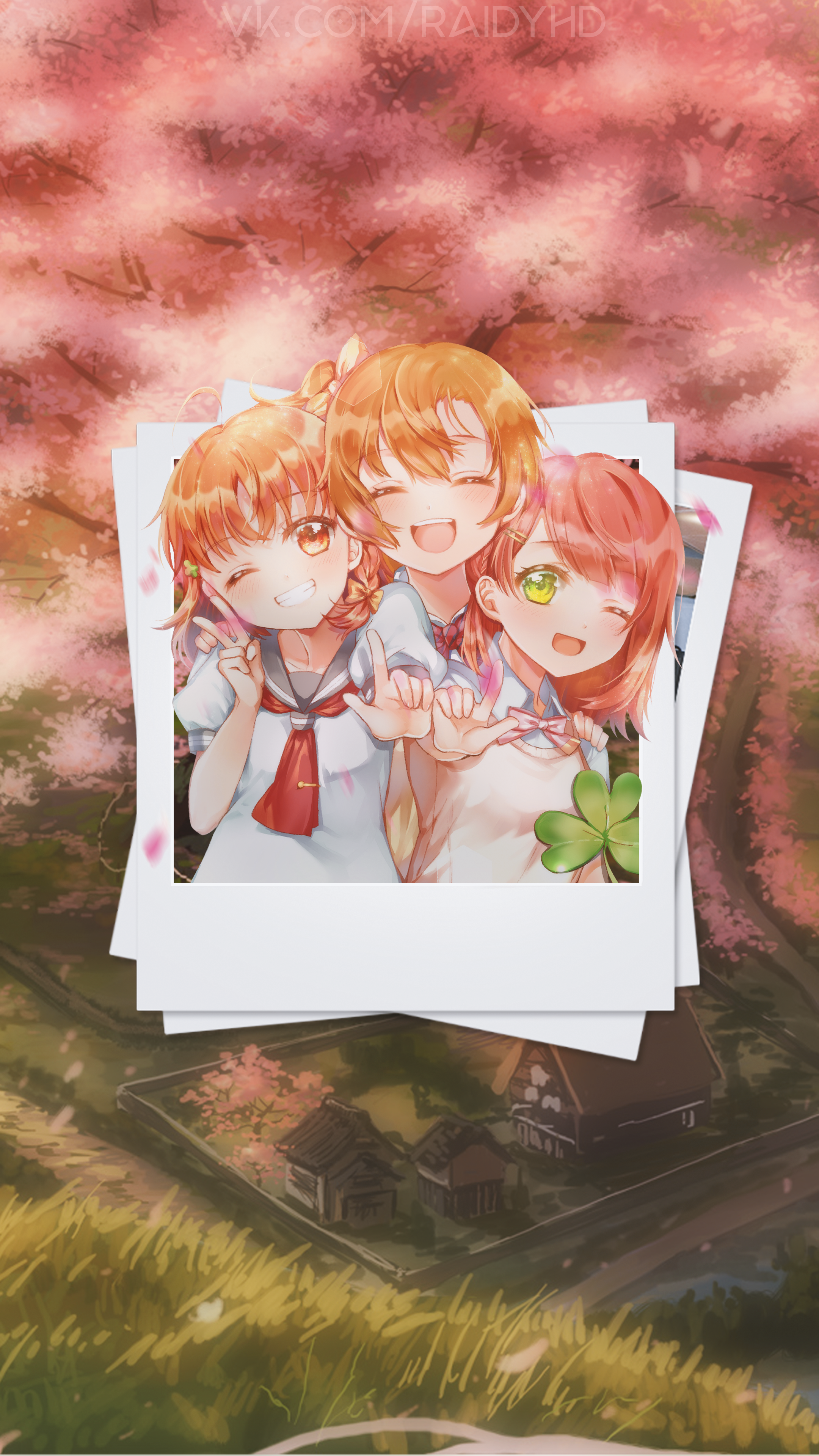 Three anime girls in a photo with cherry blossoms HD Phone Wallpaper