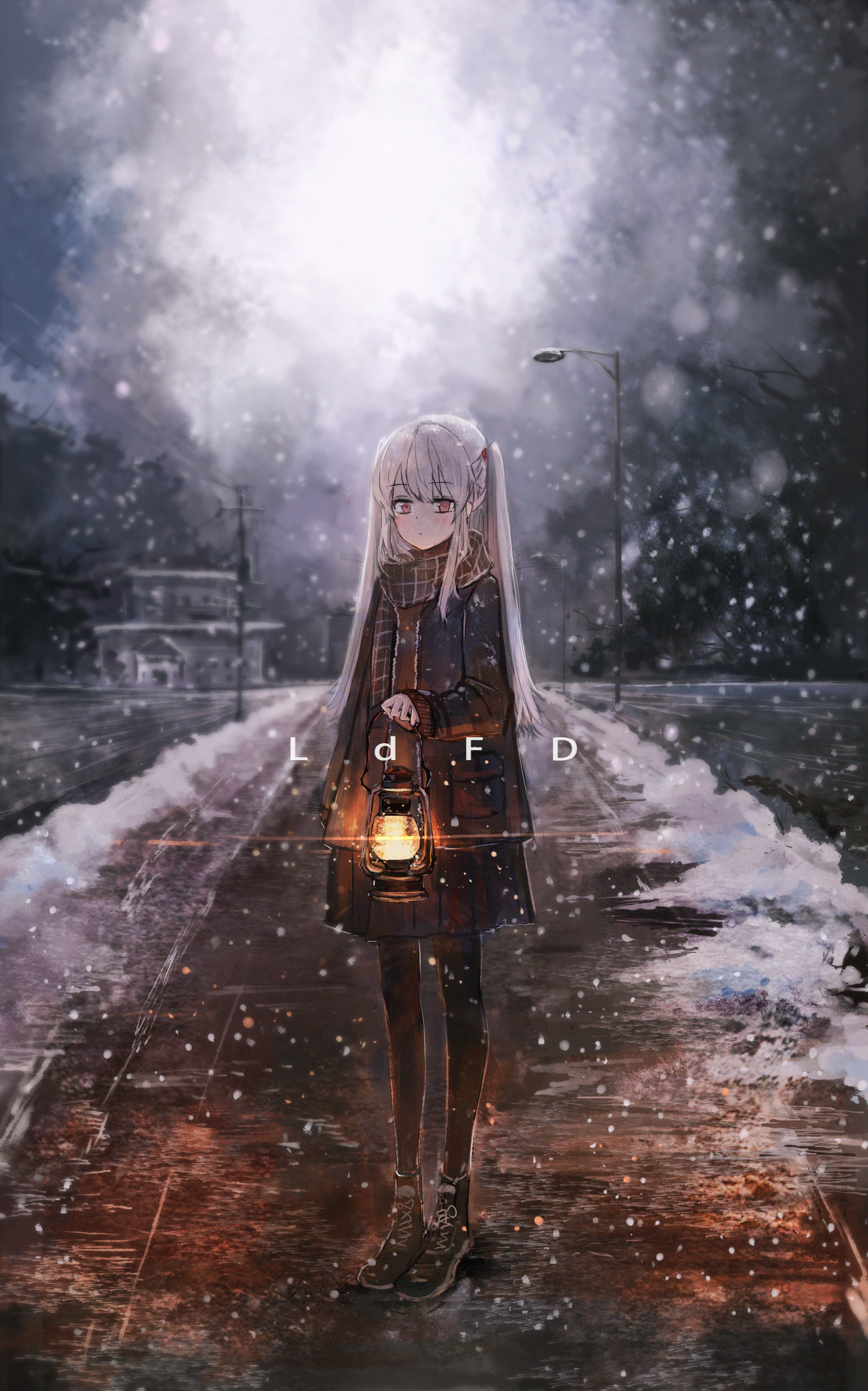 Anime girl with red eyes and silver twintails holding a lantern in the snow HD Phone Wallpaper