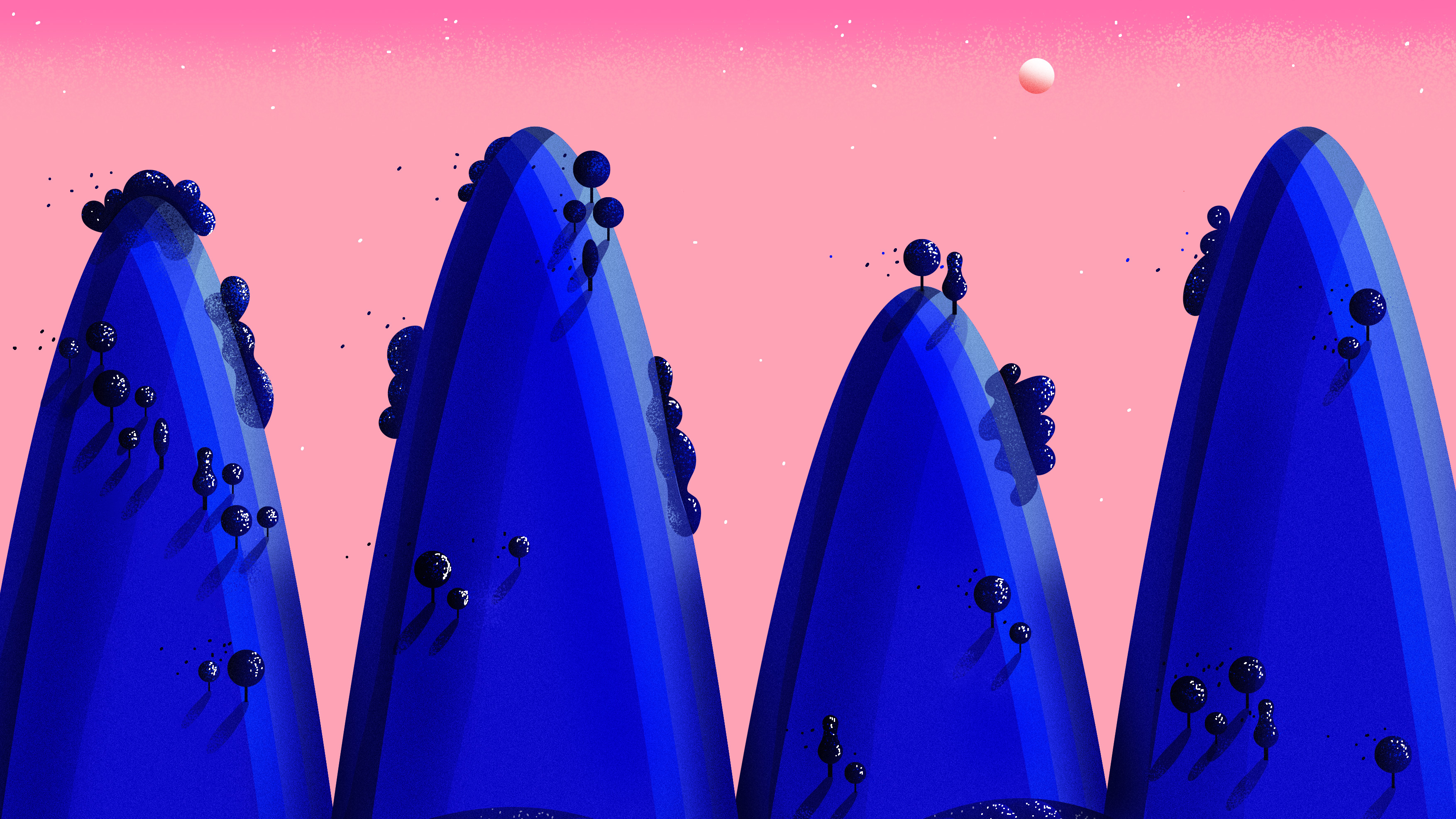 Minimalist blue mountains with pink sky and orb HD Wallpaper