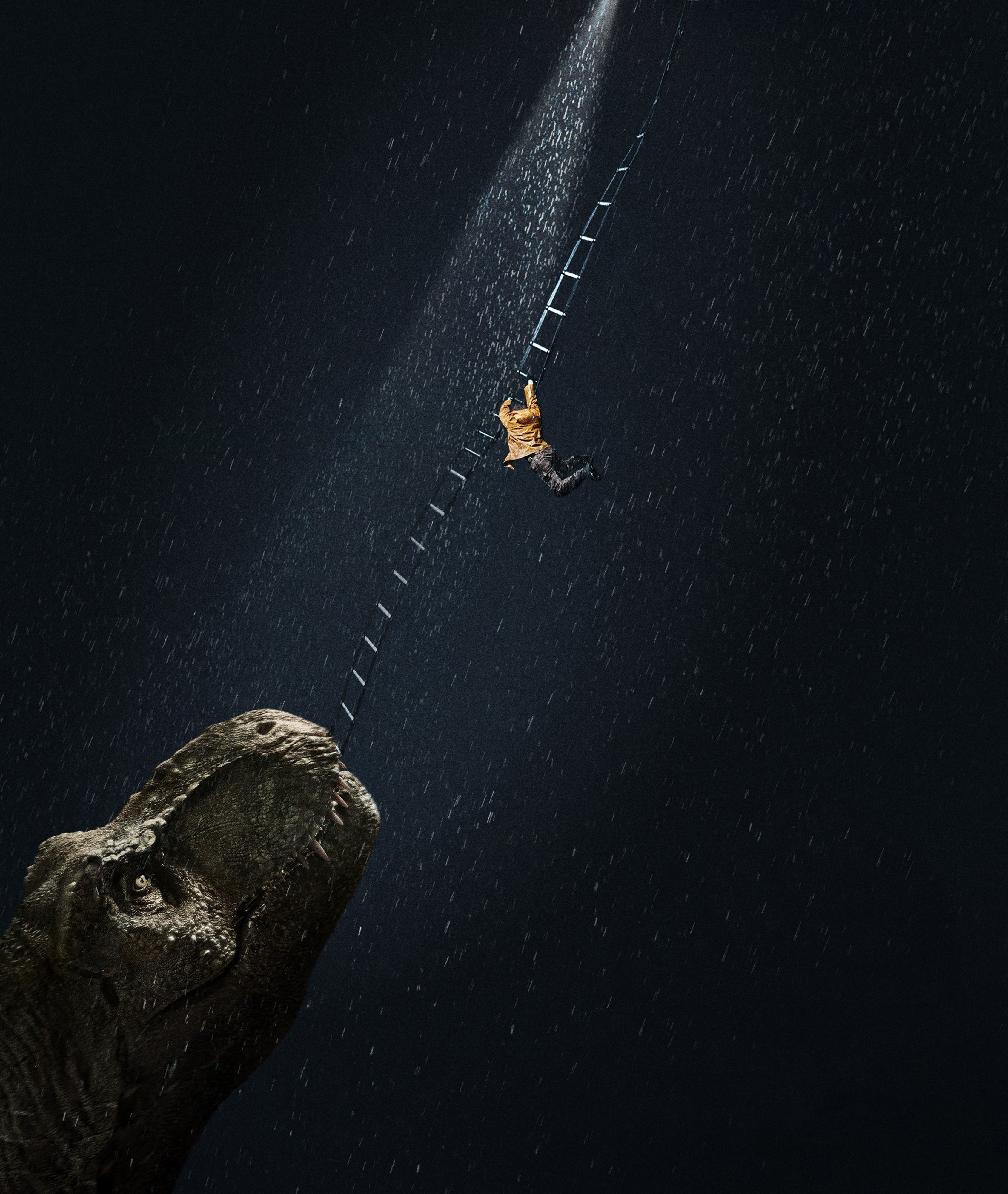 Man climbing ladder near T-Rex in Jurassic World: Fallen Kingdom HD Wallpaper