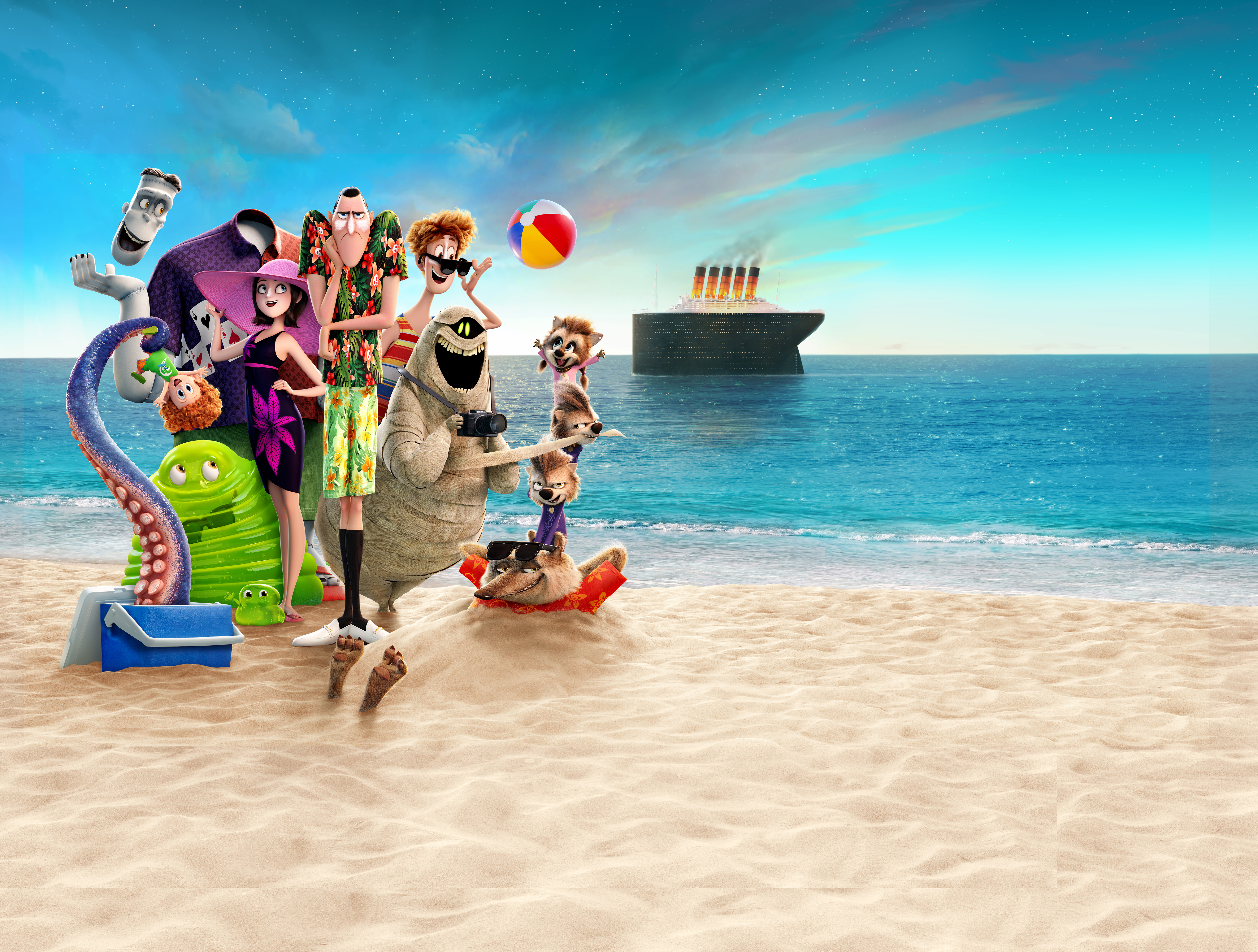 Hotel Transylvania 3: Summer Vacation characters on a beach HD Wallpaper