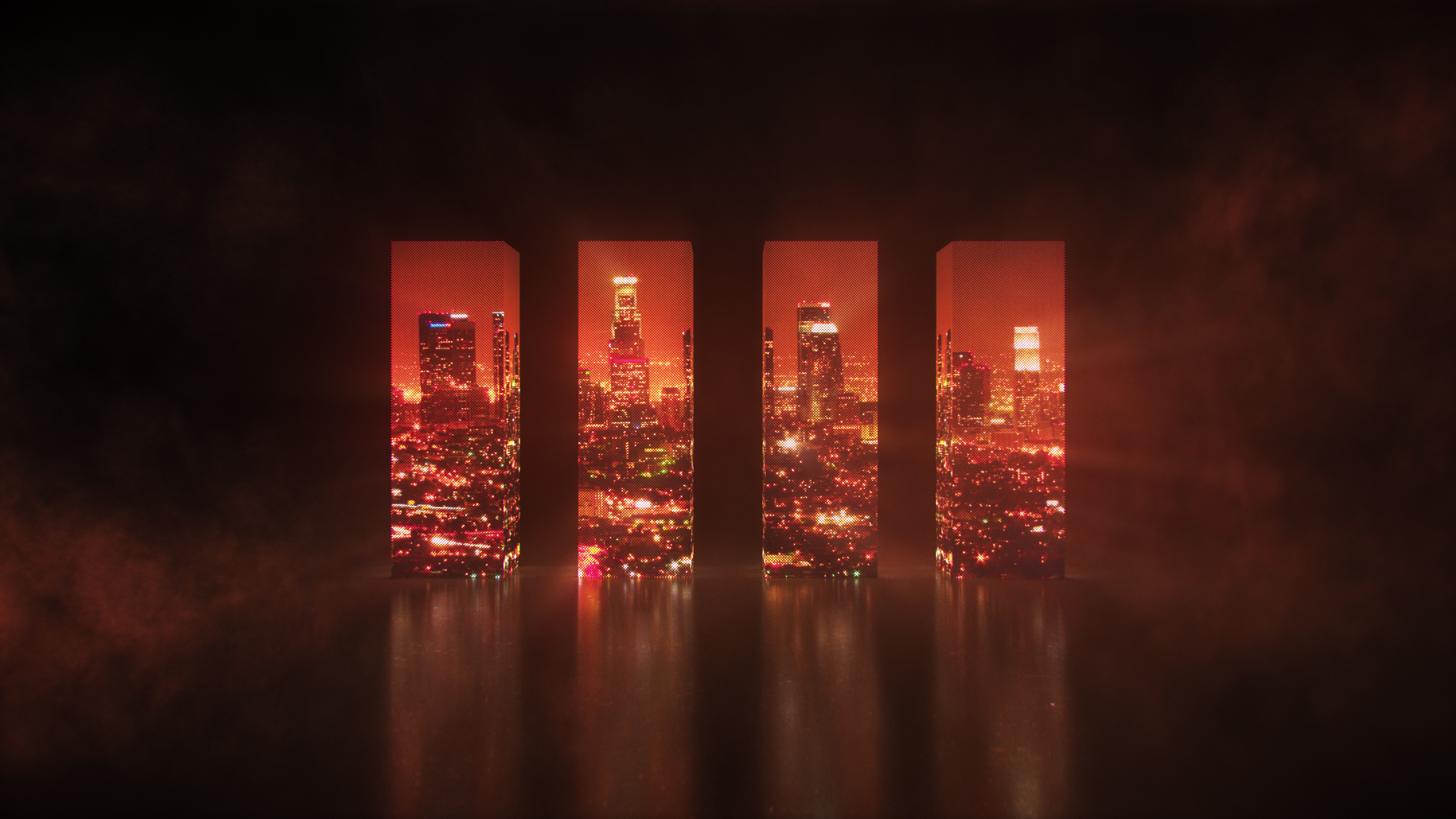 Four glowing red cityscape panels in dark room HD Wallpaper