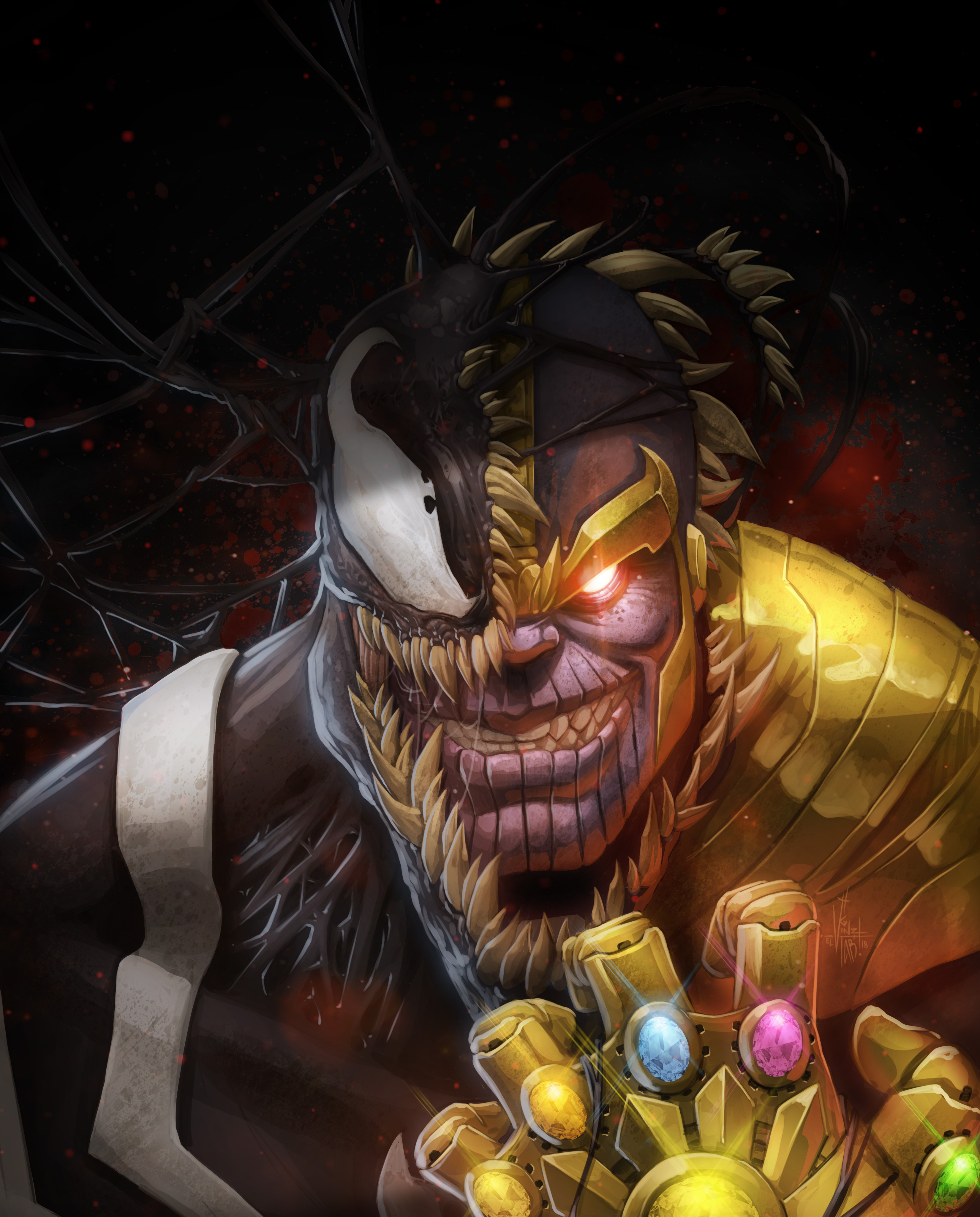 Venom and Thanos Fusion with Infinity Gauntlet Artwork HD Wallpaper