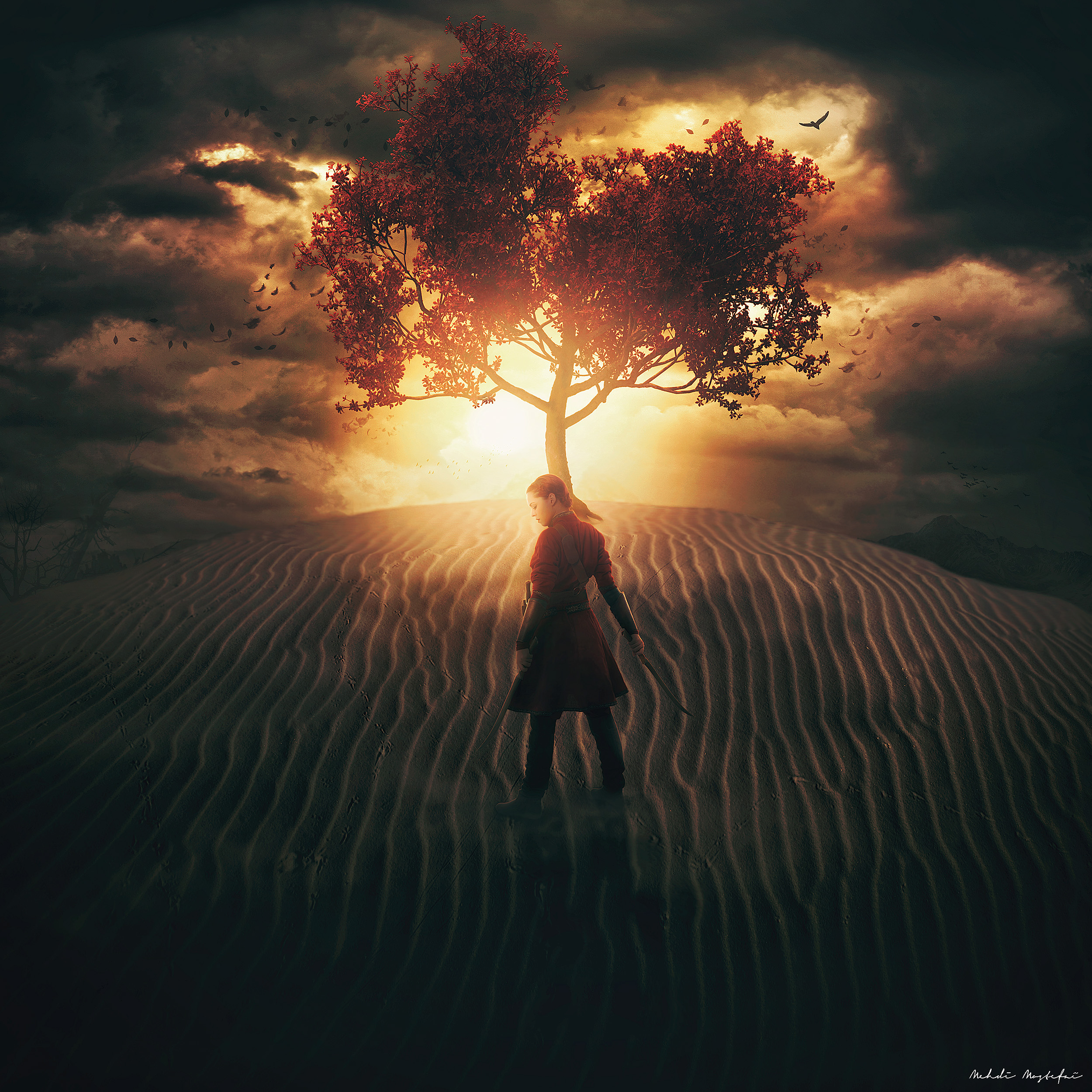 Warrior girl under a tree in the desert at sunset HD Wallpaper