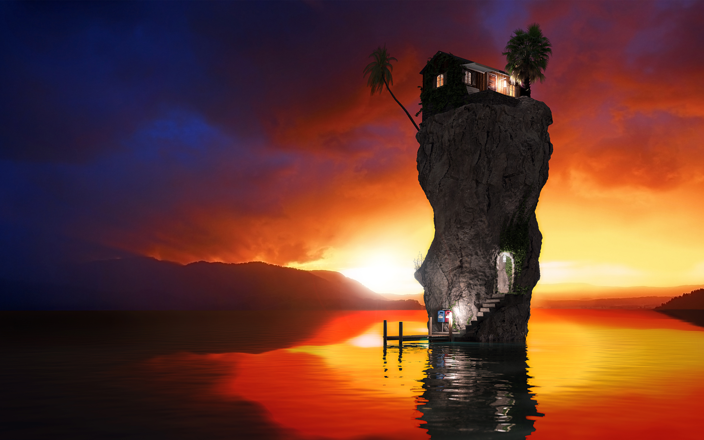 House on a rock island at sunset HD Wallpaper