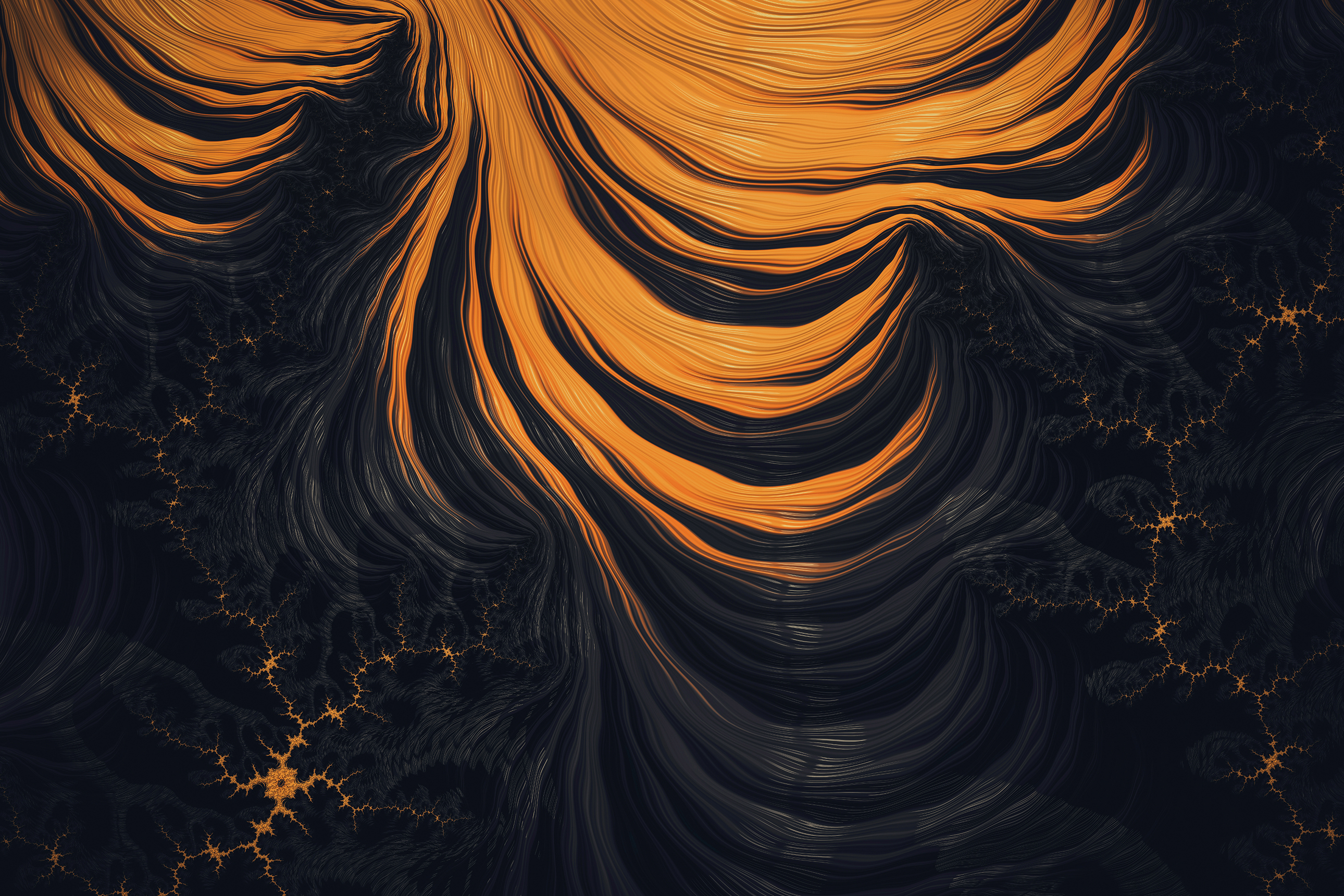 Abstract fractal art with yellow and dark swirling patterns HD Wallpaper