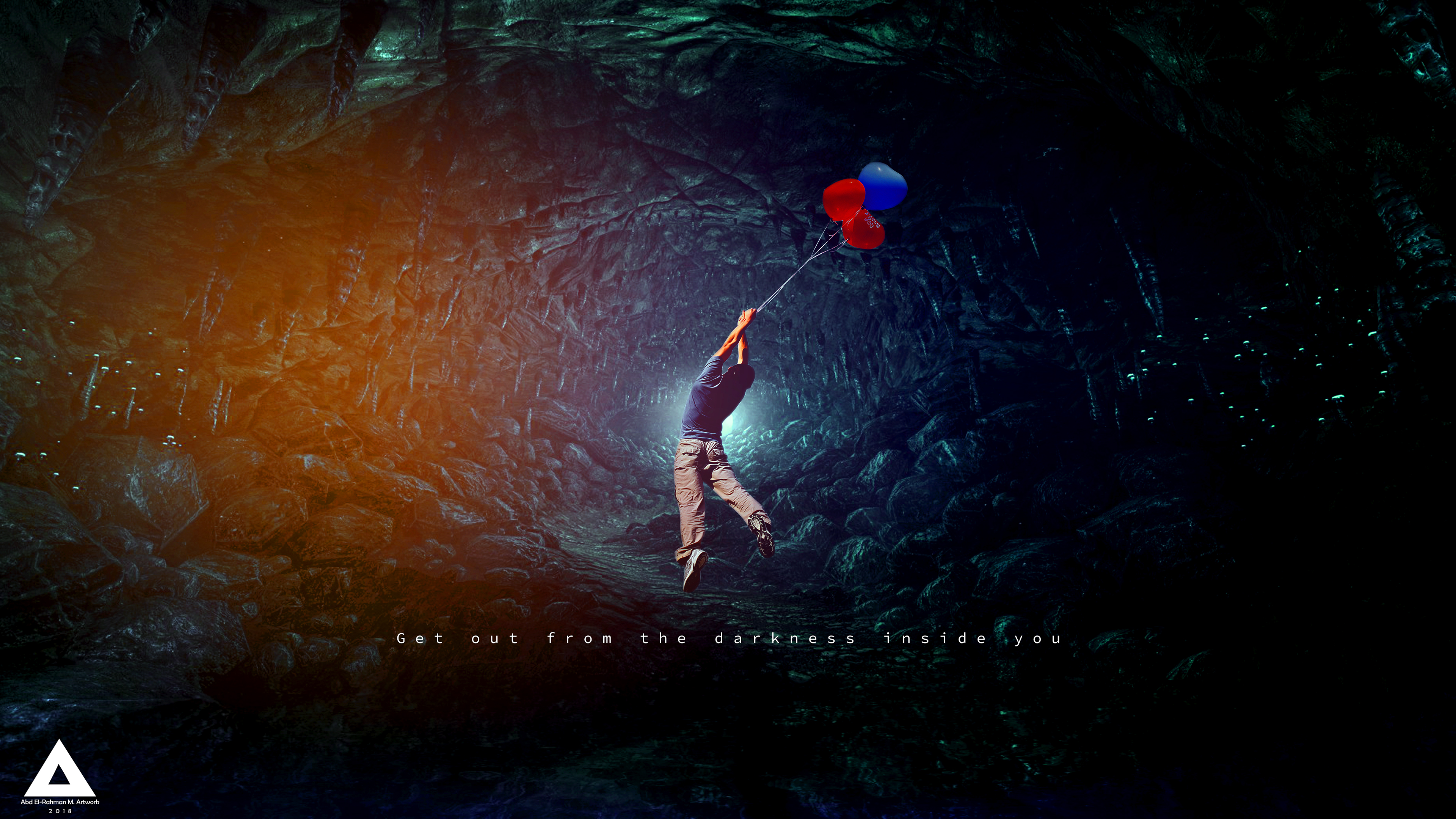 Person holding balloons in a dark cave 4K HD Wallpaper