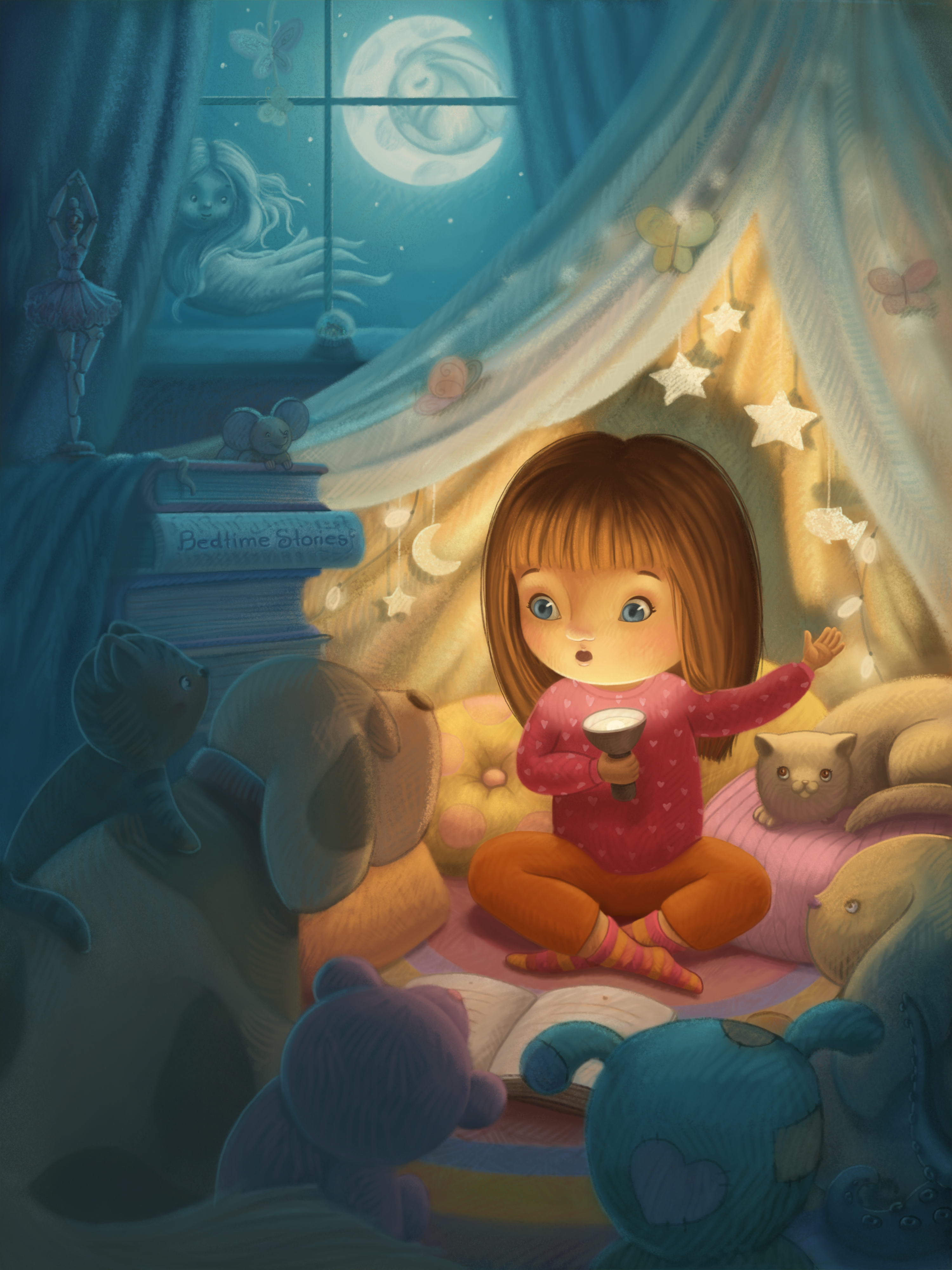 Girl reading bedtime stories with toys in a tent HD Wallpaper