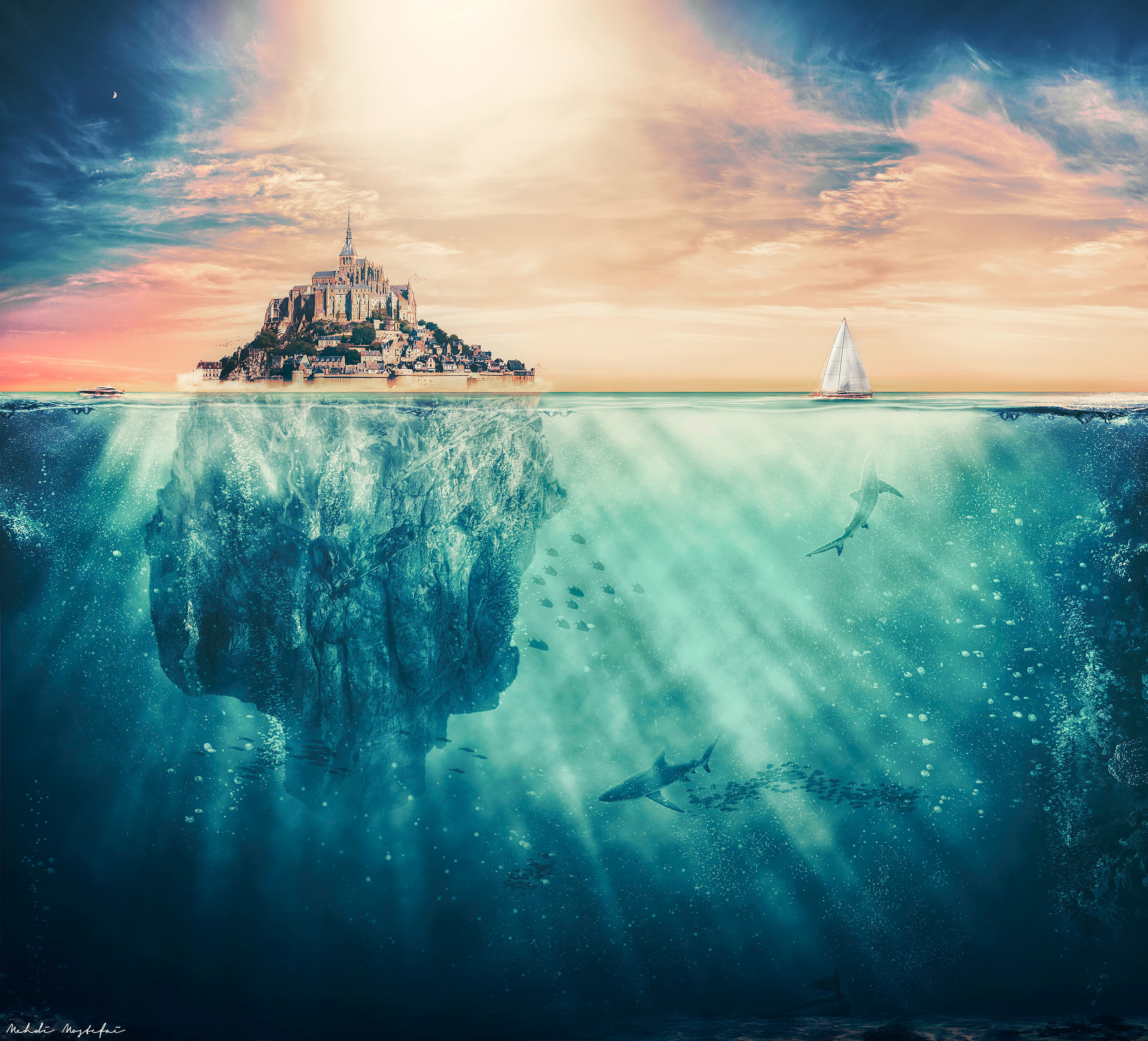 Surreal underwater scene with sharks and a castle island HD Wallpaper
