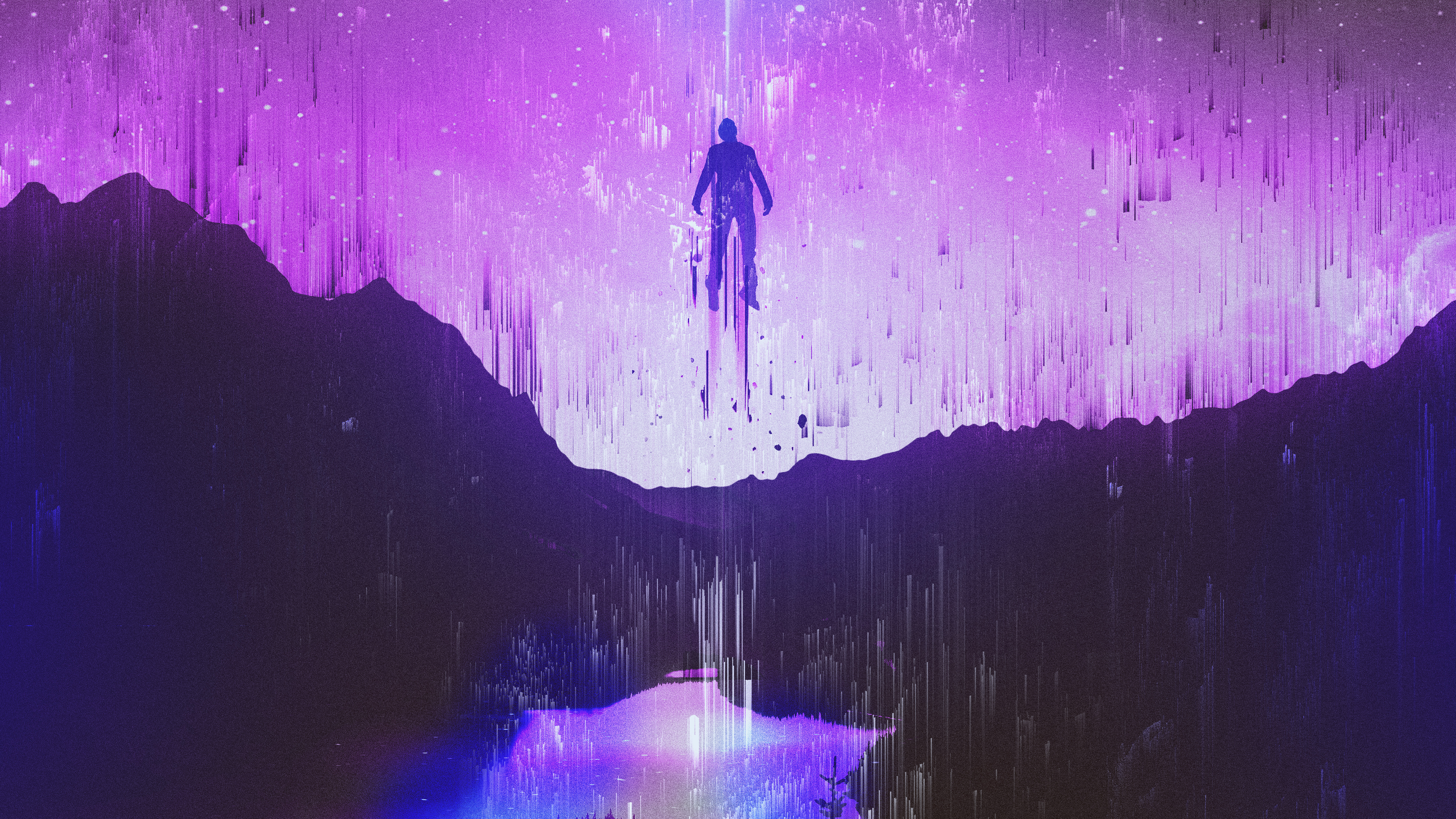 Man levitating in purple glitch art landscape HD Wallpaper
