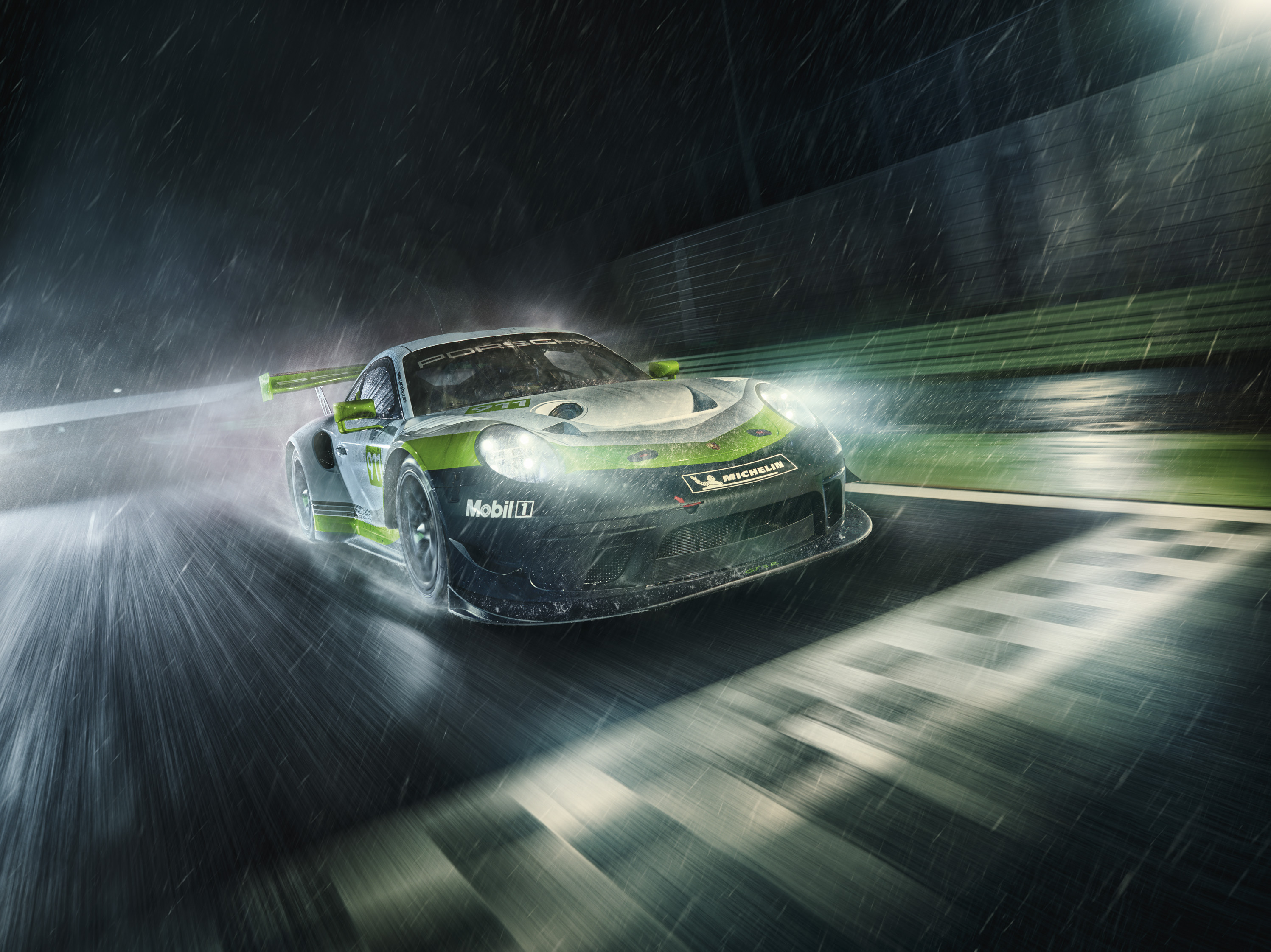 Porsche 911 GT3 R racing in the rain HD Wallpaper