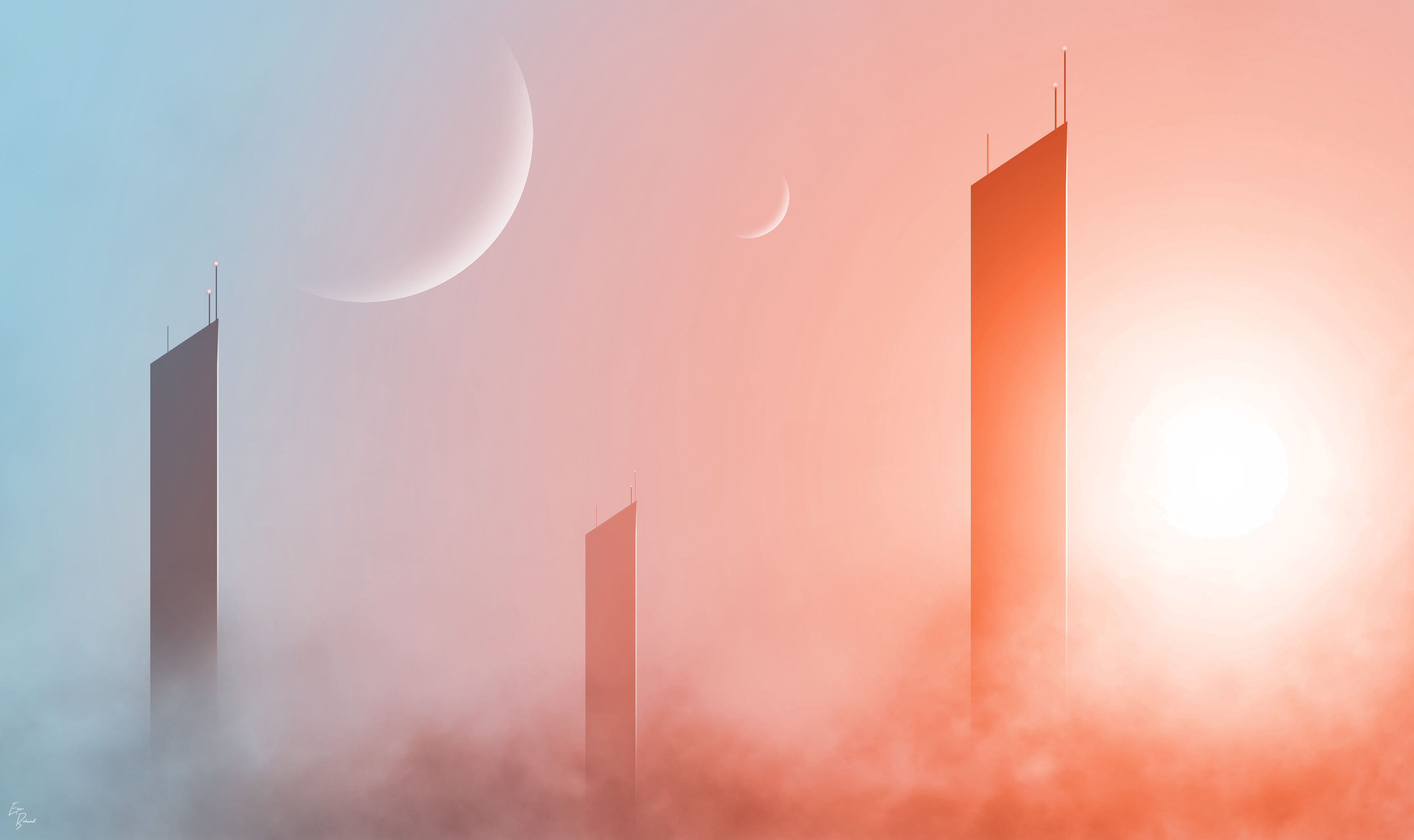 Sci-Fi Skyscrapers with Moon and Sun HD Wallpaper