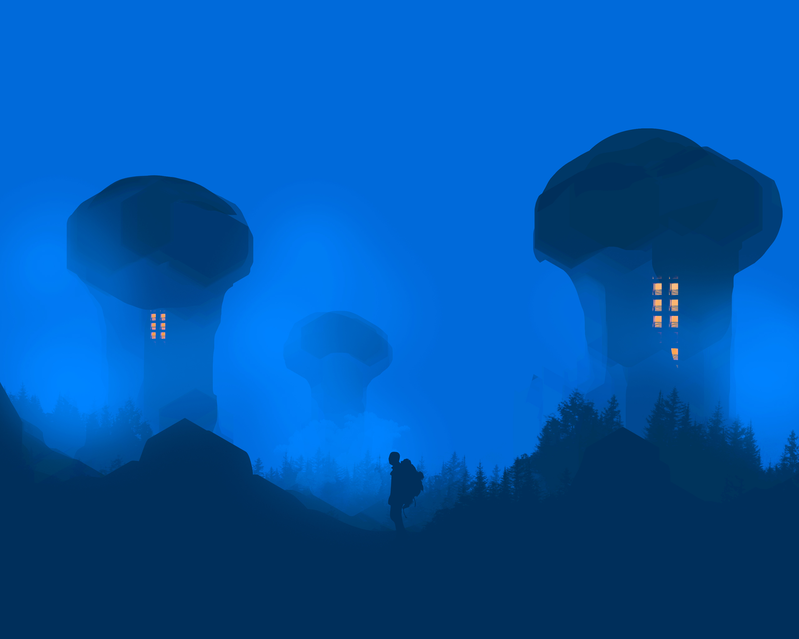 Silhouette of a person in a blue, foggy landscape with mushroom-like structures HD Wallpaper