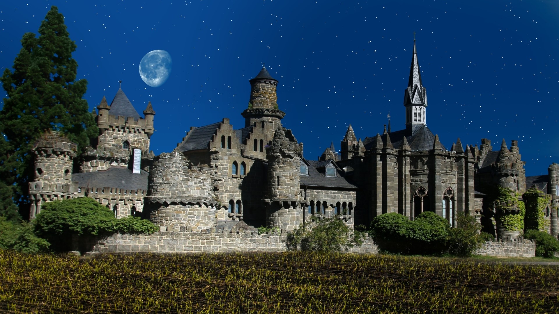 Castle at night under a full moon and stars HD Wallpaper