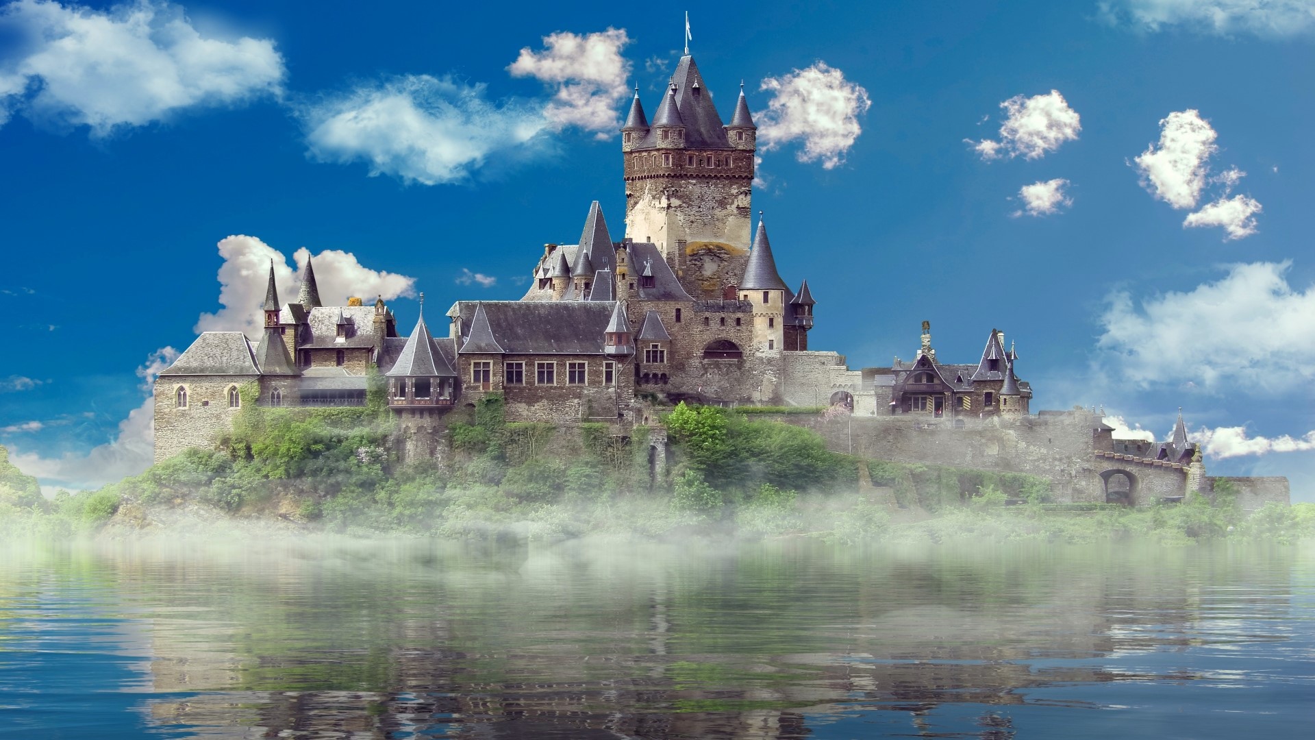Castle on a hill above water HD Wallpaper