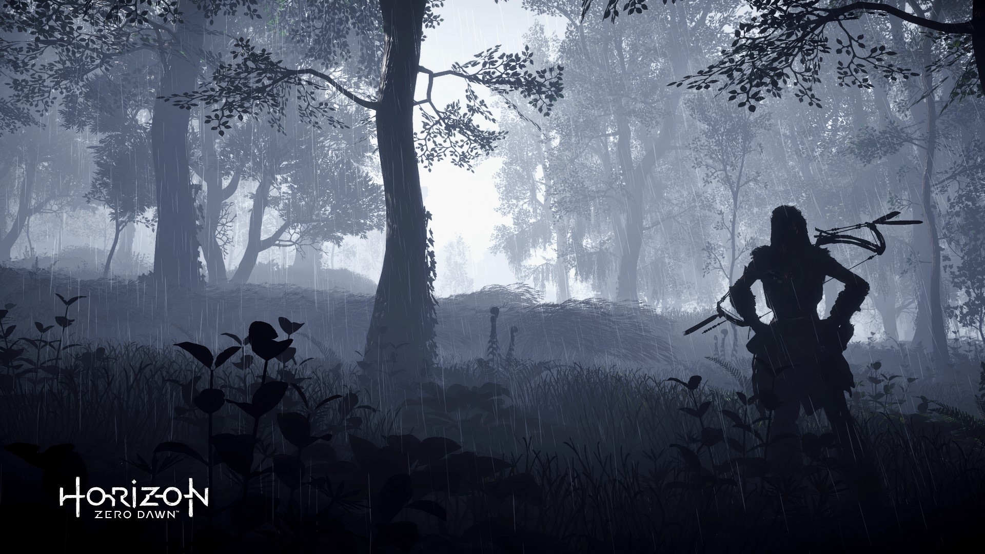 Aloy from Horizon Zero Dawn in a rainy forest HD Wallpaper