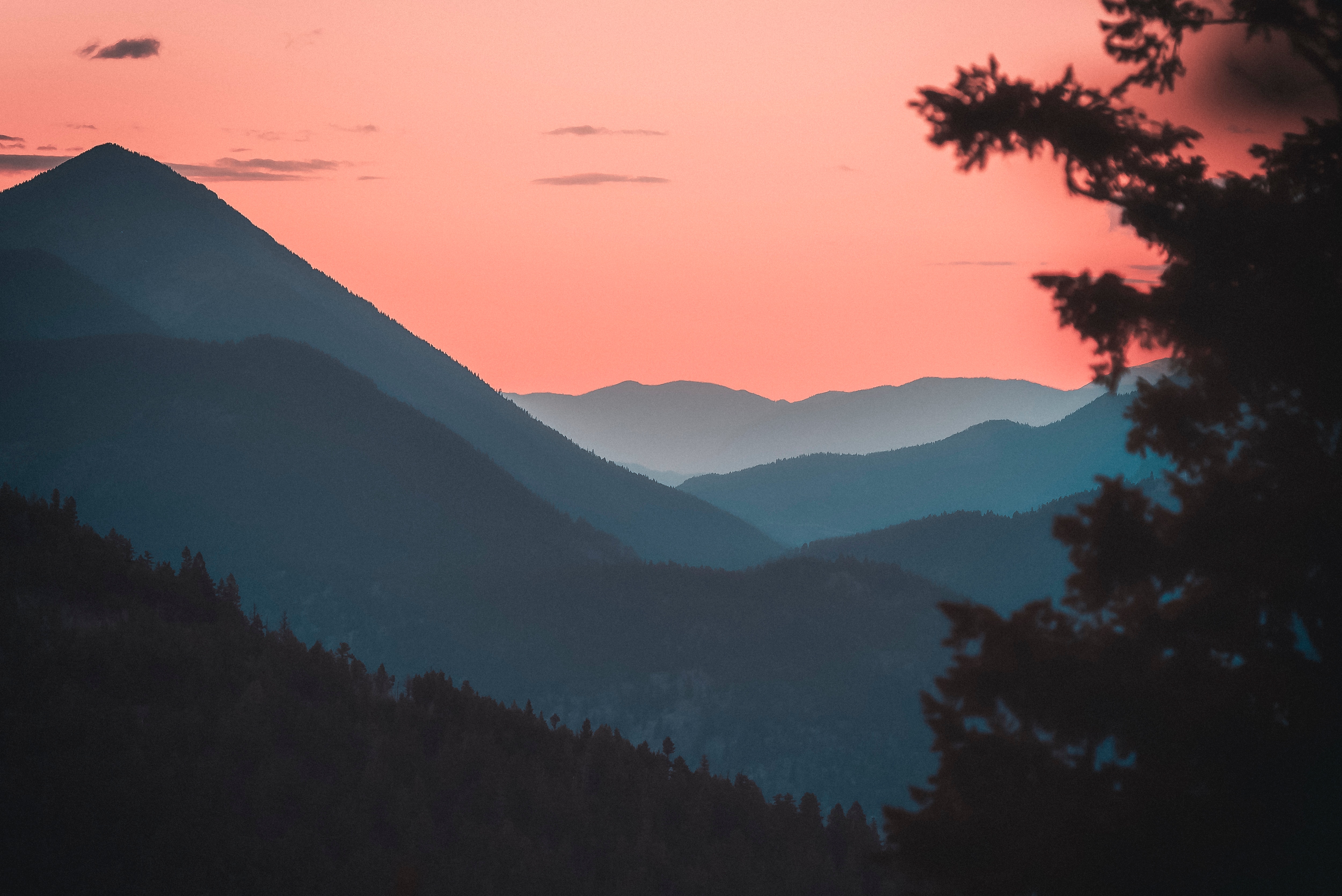 Mountains at sunset with tree silhouette HD Wallpaper