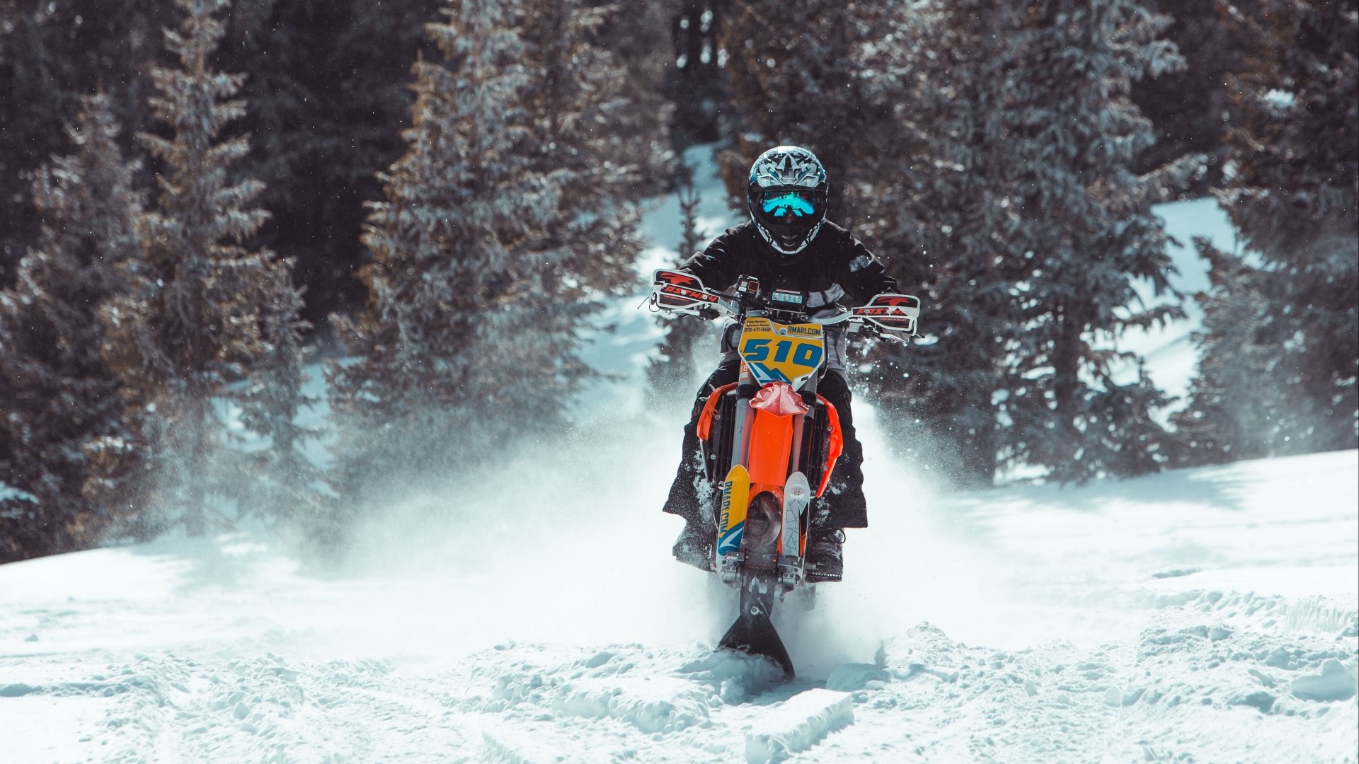 Snowbike Rider in Snowy Forest HD Wallpaper