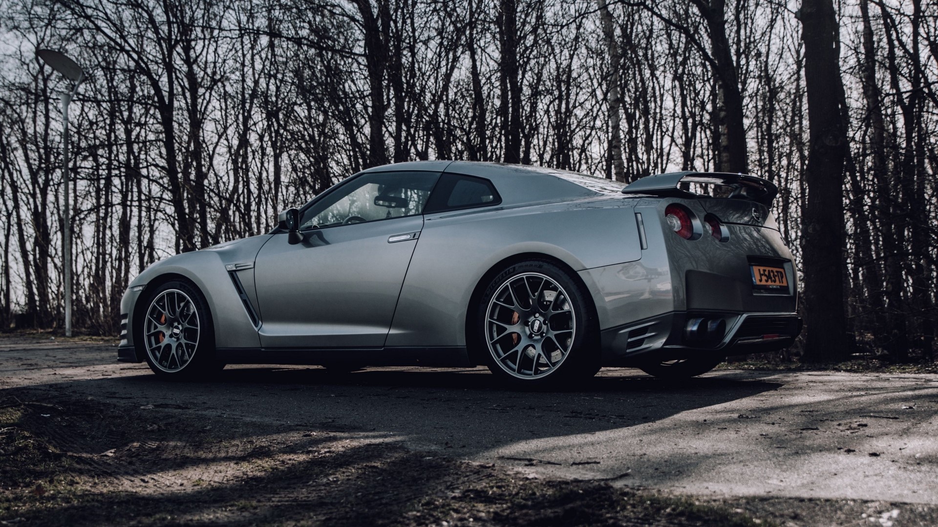 Silver Nissan GT-R parked near trees HD Wallpaper