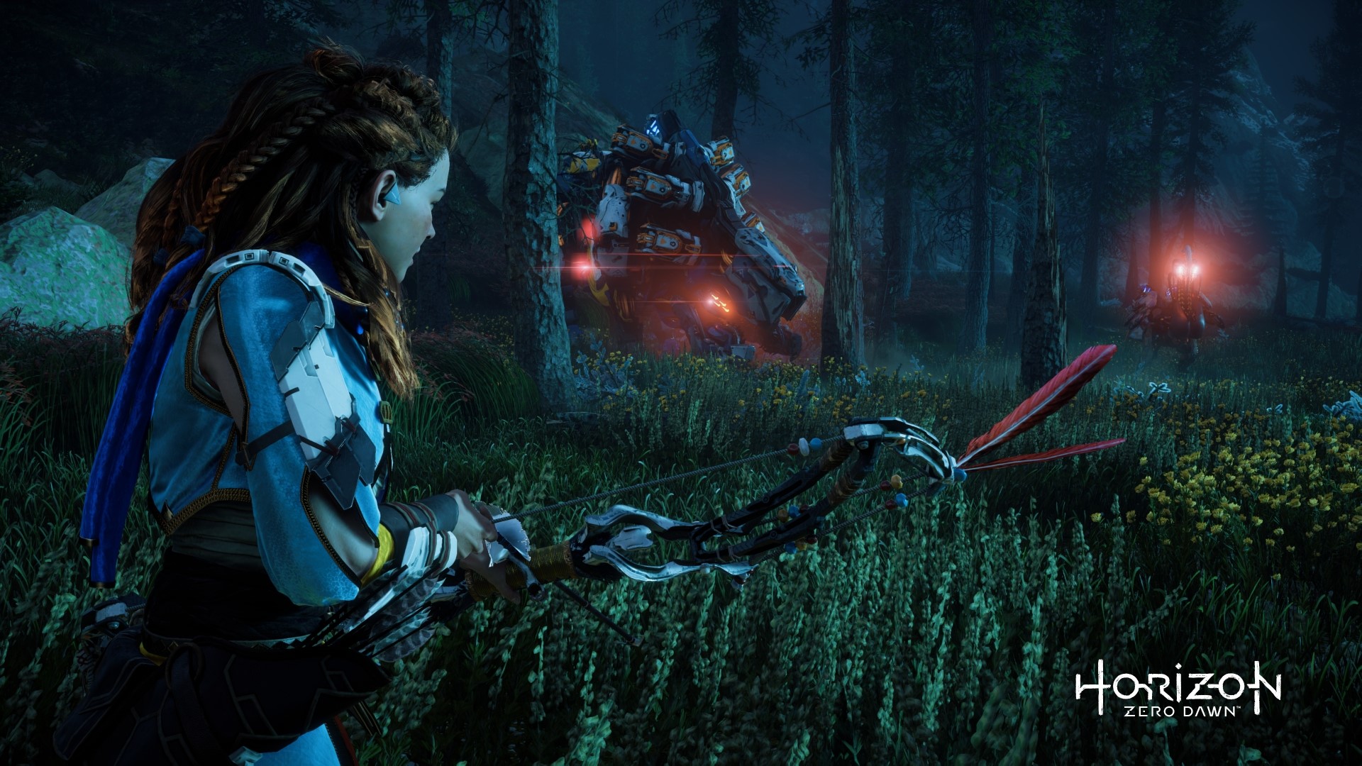 Aloy from Horizon Zero Dawn aiming a bow at machines HD Wallpaper