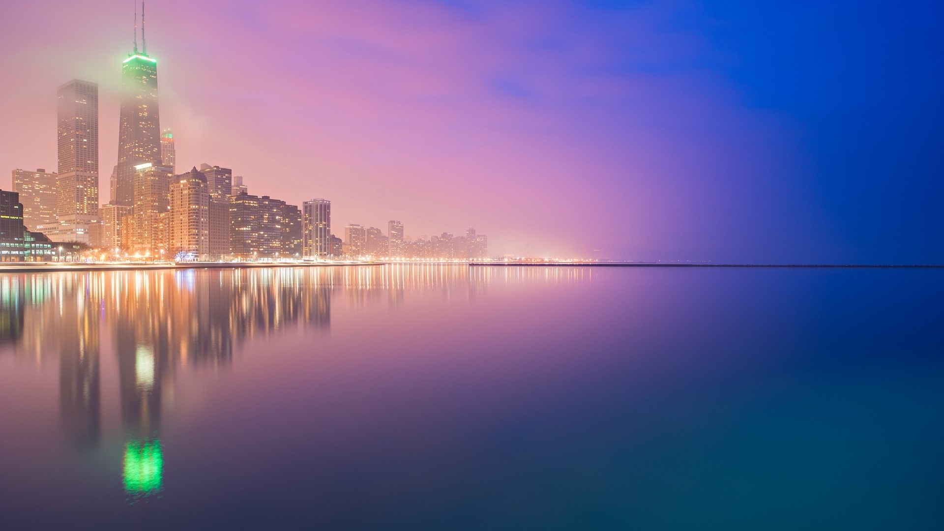 Chicago skyline reflected in Lake Michigan at dusk HD Wallpaper