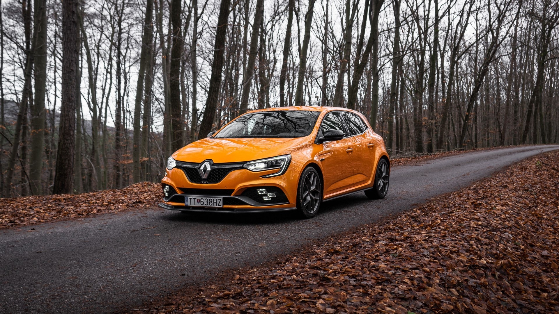 Orange Renault Megane RS on a forest road HD Wallpaper