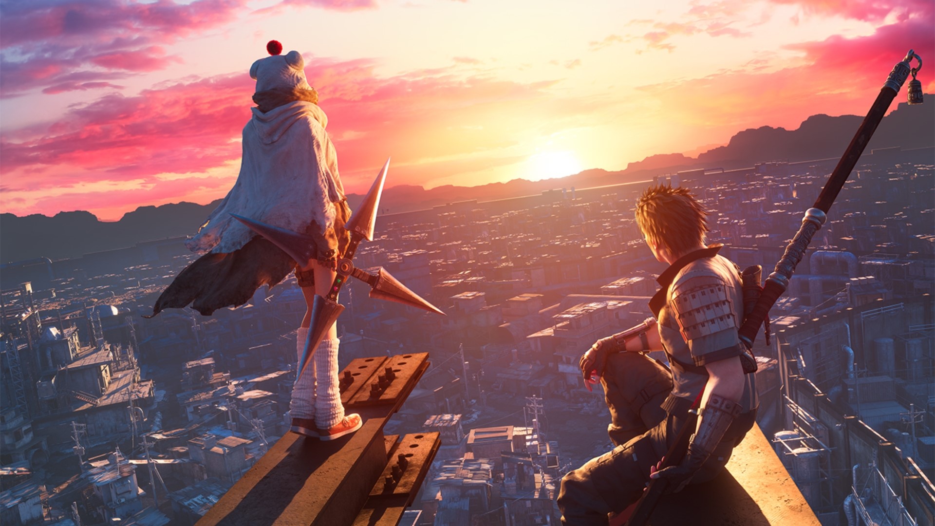 Final Fantasy VII Remake: Yuffie and Sonon overlook a city at sunset HD Wallpaper