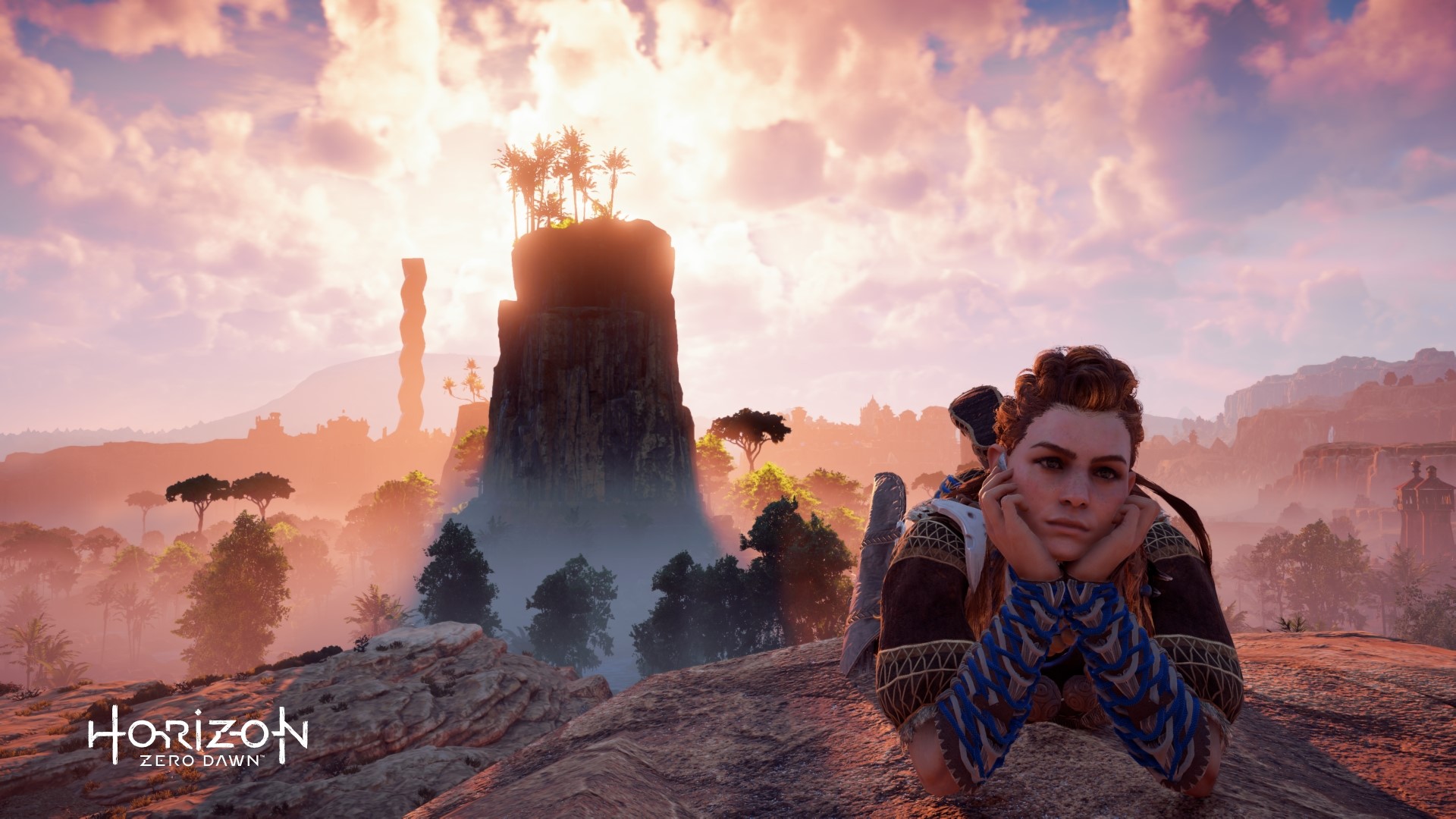 Aloy from Horizon Zero Dawn resting on a rock HD Wallpaper
