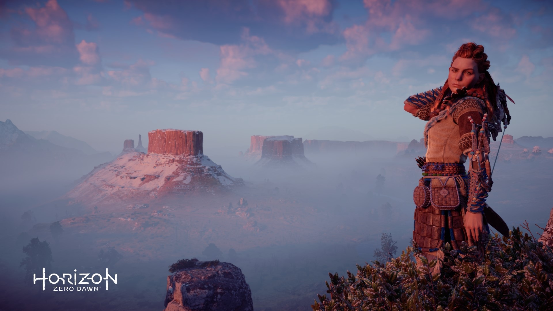 Aloy from Horizon Zero Dawn in a misty canyon HD Wallpaper