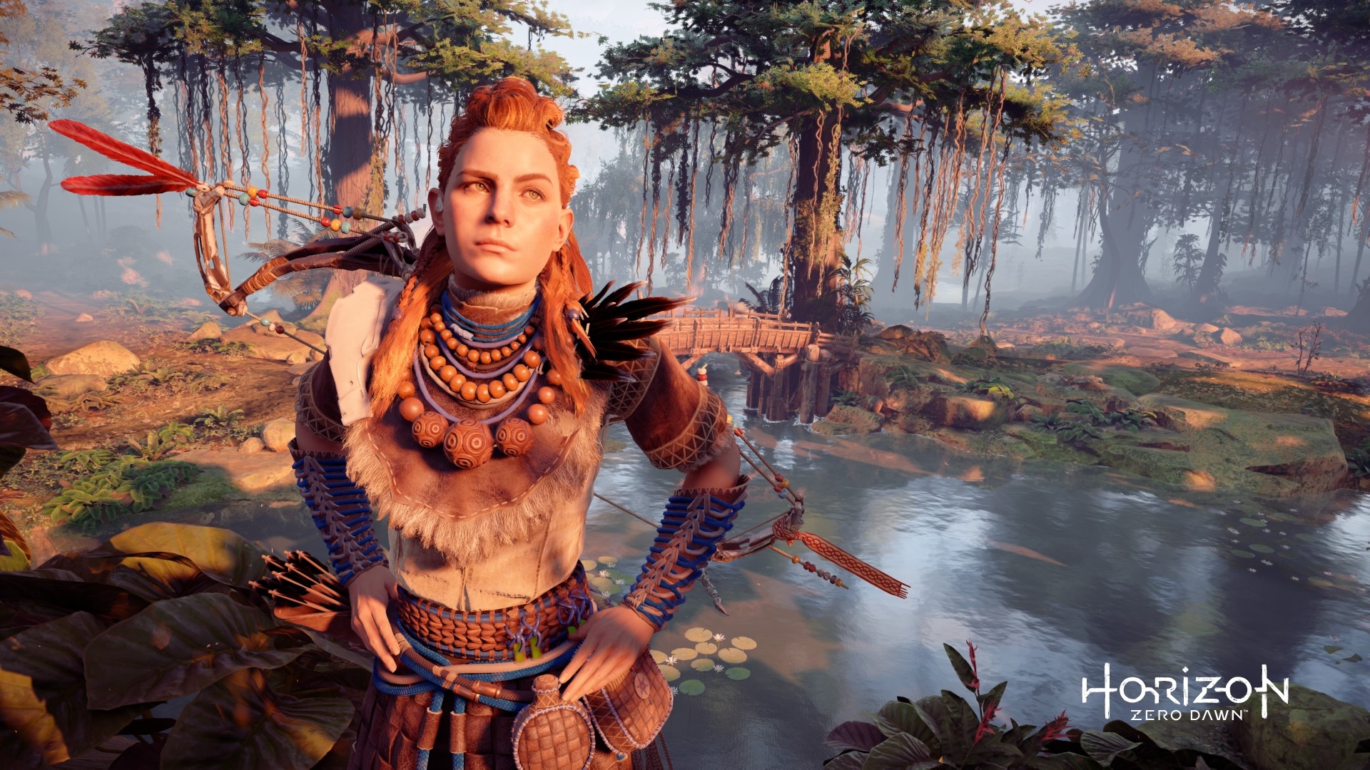 Aloy from Horizon Zero Dawn in a forest HD Wallpaper