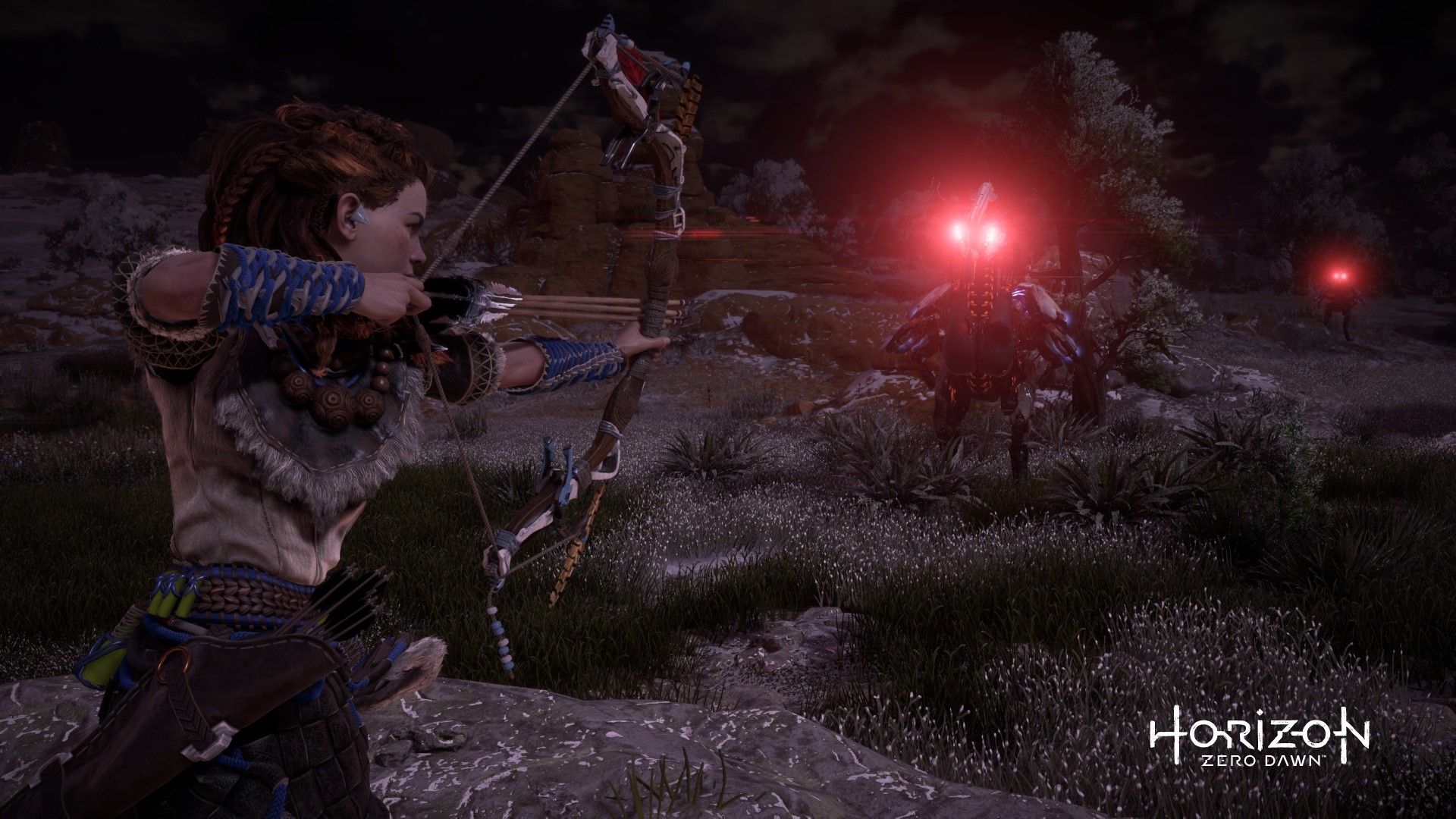 Aloy from Horizon Zero Dawn aiming a bow at machines HD Wallpaper