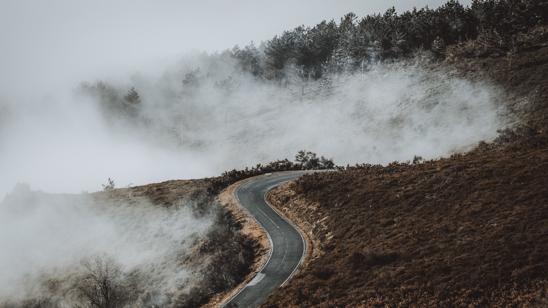 Winding road through a foggy mountain landscape HD Wallpaper