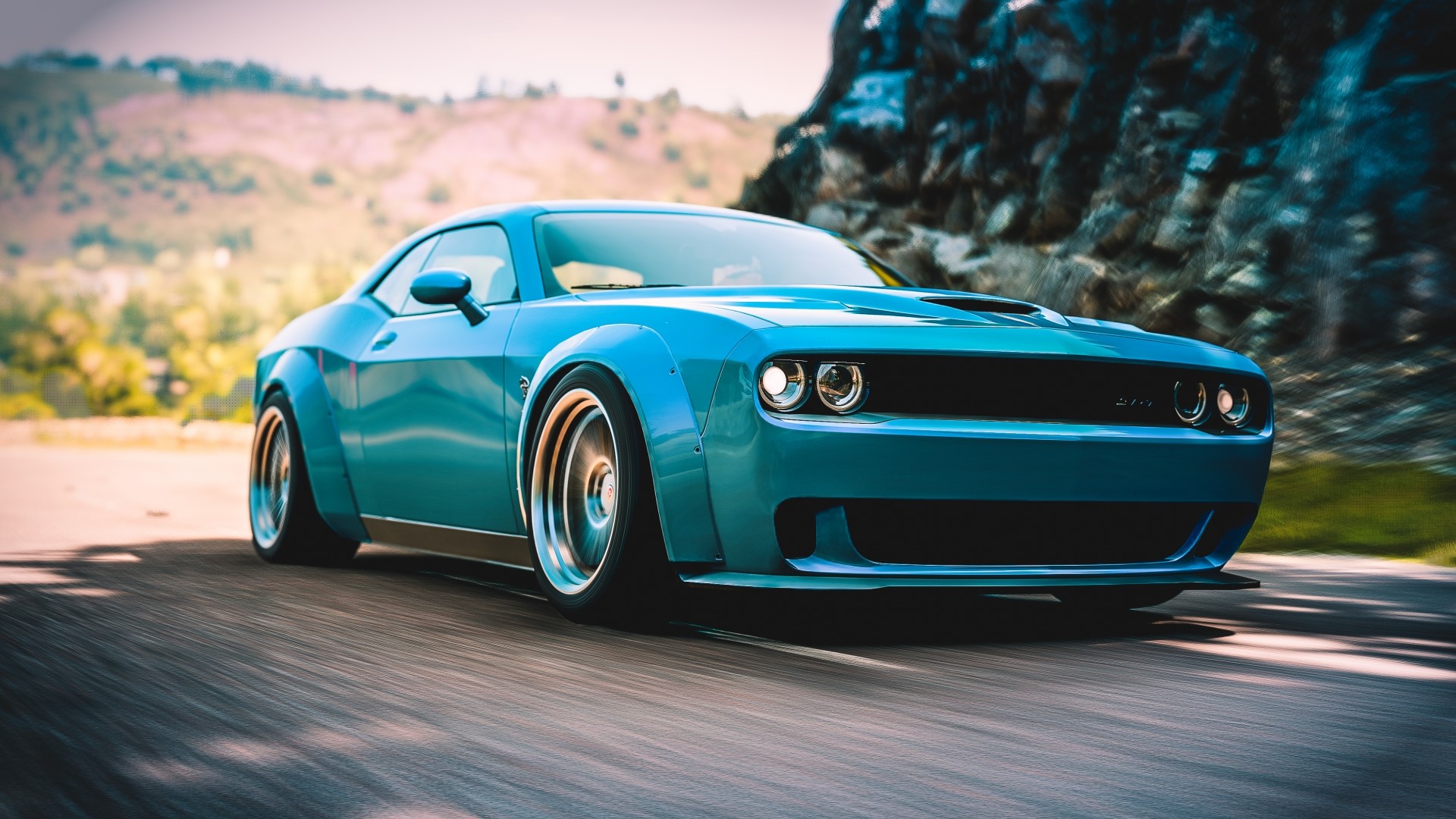 Blue Dodge Challenger SRT Hellcat driving on a road HD Wallpaper