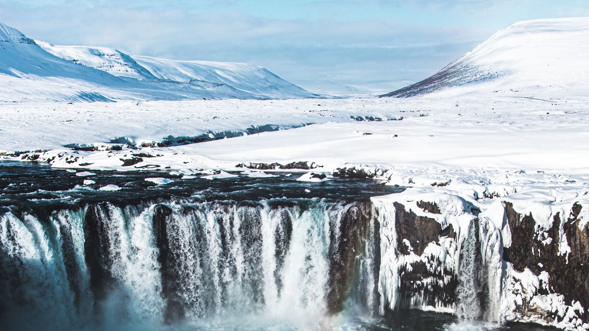 Snowy Mountains and Waterfall in Iceland HD Wallpaper