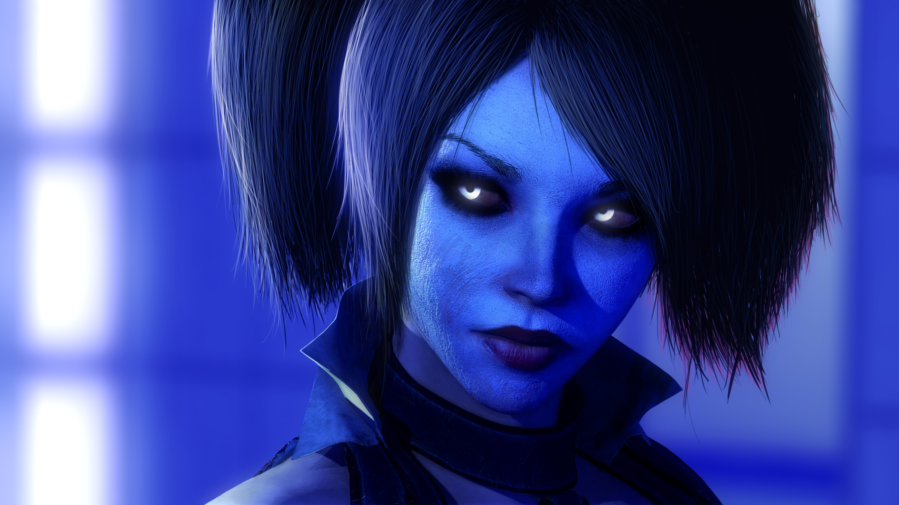 Blue-skinned woman with glowing eyes HD Wallpaper