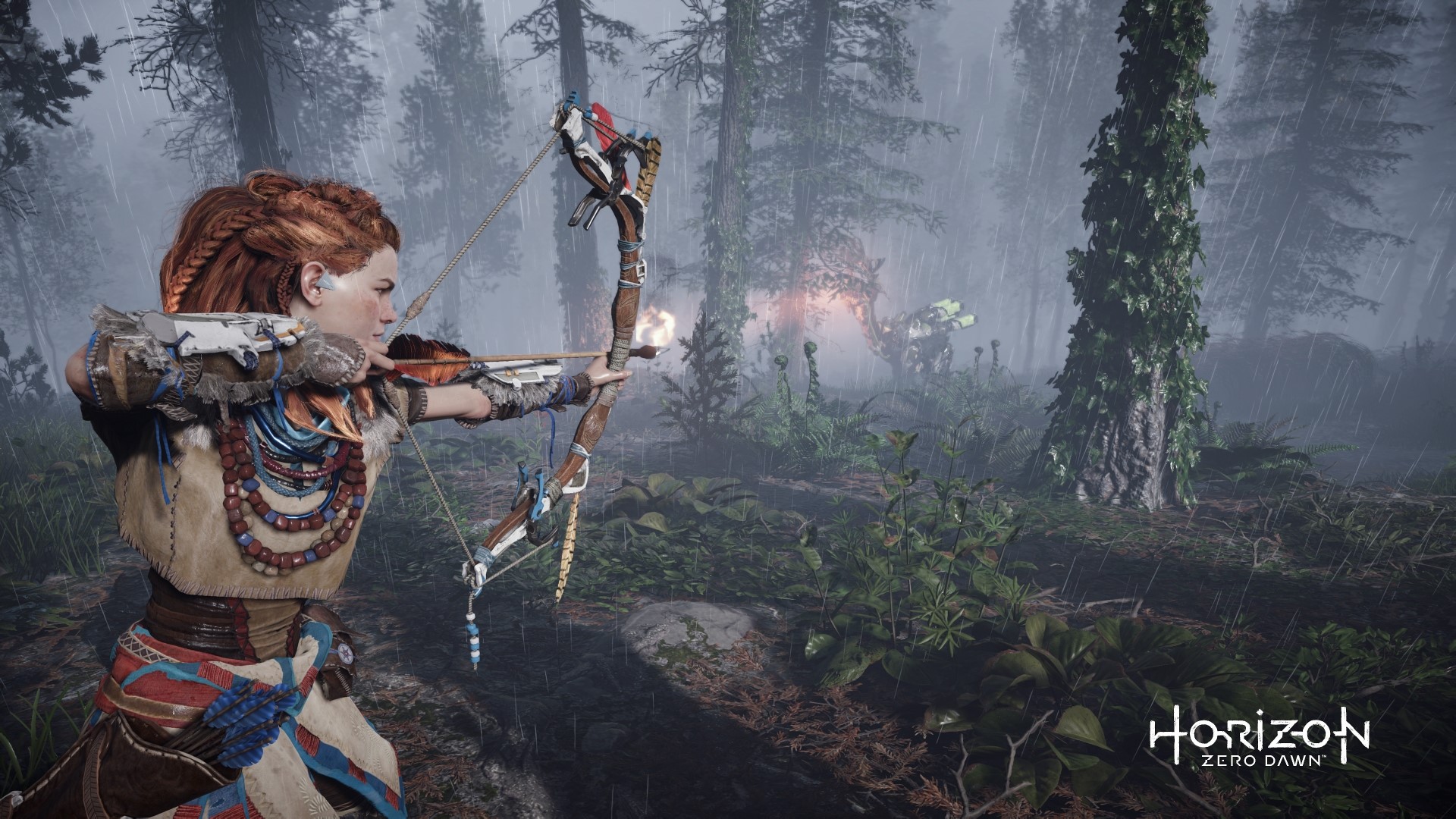 Aloy from Horizon Zero Dawn aiming a bow in a forest HD Wallpaper