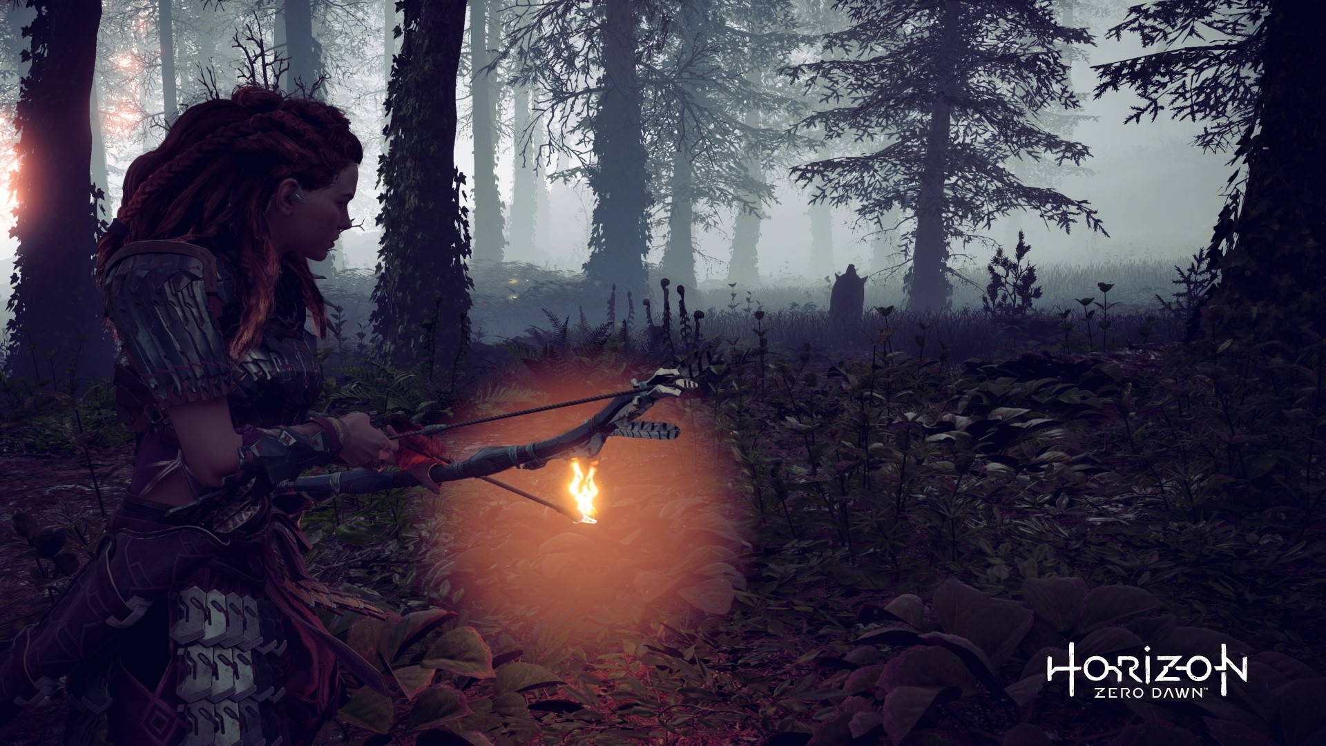 Aloy from Horizon Zero Dawn in a forest HD Wallpaper